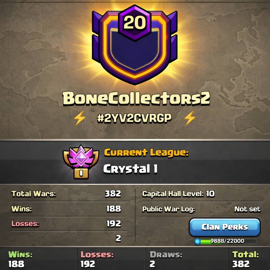 🏆 BONECOLLECTORS2 🏆 LEVEL: 20 🌟 CWL: CRYSTAL I ⚔️ WARLOG: 188-192 🏰 CAPITAL HALL 10 | UPGRADES 3205