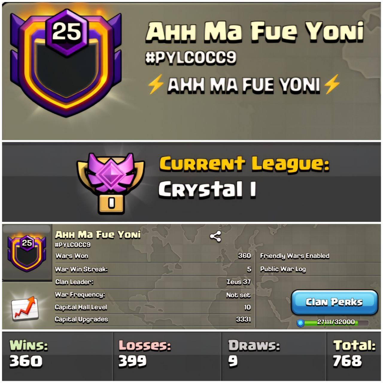 FULL MAX CLAN 🏆 AHH MA FUE YONI 🏆 LEVEL: 25 🌟 CWL: CRYSTAL I ⚔️ WARLOG: 360-399 🏰 CAPITAL HALL 10 | UPGRADES 3331