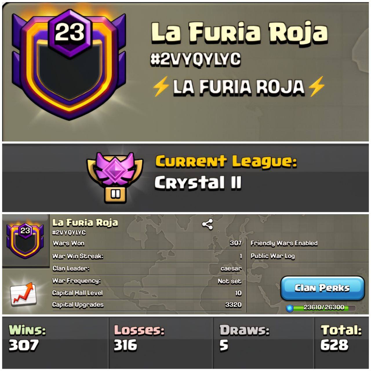 ⚡ LA FURIA ROJA ⭐ LEVEL: 23 🏆 CWL: CRYSTAL II ⚔️ WARLOG: 307-316 🏰 CAPITAL HALL 10 | UPGRADES 3320