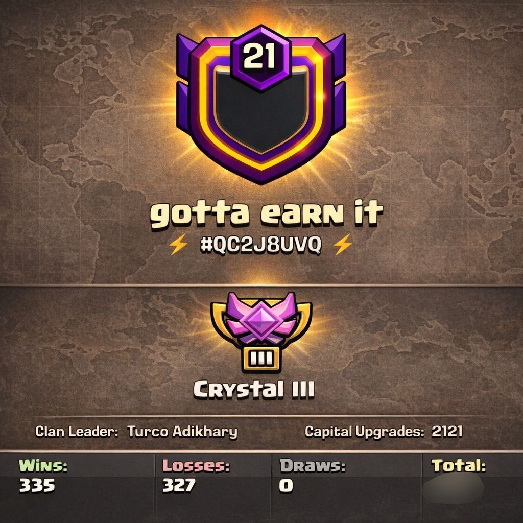 NAME : gotta earn it 🏰 LEVEL: 21 🏛️ CAPITAL HALL: 10 ⚔️ WAR: 335-327-0 🏅 CWL: 💎 CRYSTAL III 💸 CHEAP CLAN - INSTANT - AVAILABLE