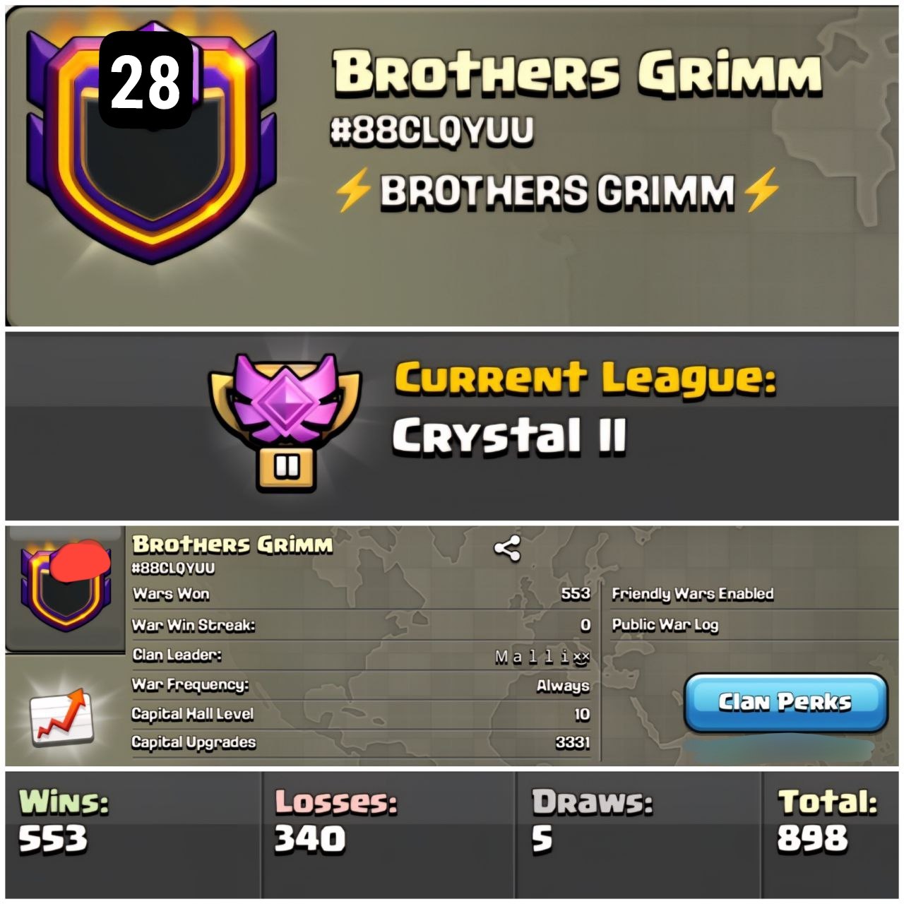 RARE HIGH LEVEL 💝 NAME - Brothers Grimm 🏰 LEVEL: 28 ⚔️ WAR: 553-340-5 🏅 CWL: 💎 CRYSTAL II 💸 CHEAP CLAN - INSTANT - AVAILABLE