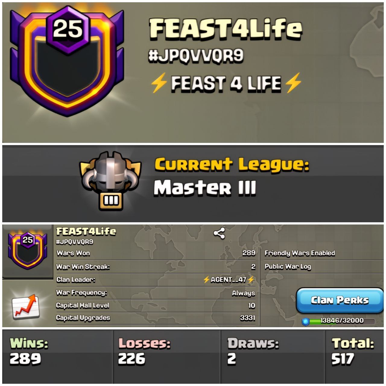 EPIC NAME 🥳FEAST4Life 🏰 LEVEL: 25 🏛️ CAPITAL HALL: 10 ⚔️ WAR: 289-226-2 🏅 CWL: 🏆 MASTER III 💸 CHEAP CLAN - INSTANT - AVAILABLE