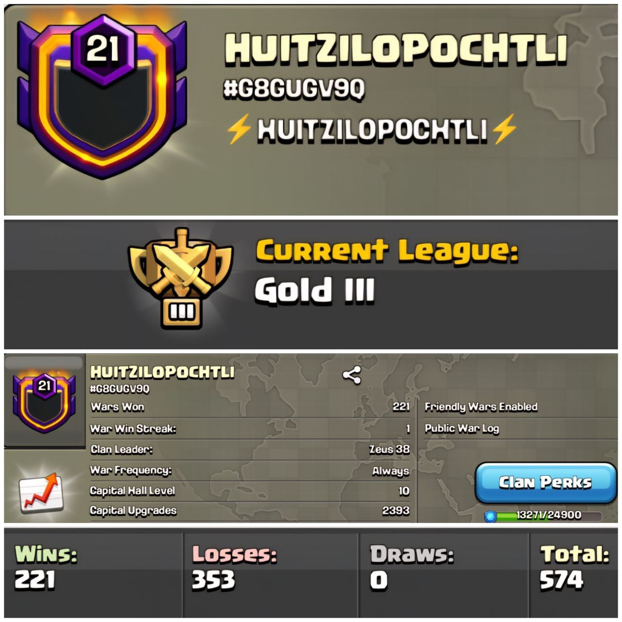 MEXICAN GOD NAME - HUITZILOPOCHTLI 🏰 LEVEL: 21 ⚔️ WAR: 221-353-0 🏅 CWL: 🥉 GOLD III 💸 CHEAP CLAN - INSTANT - AVAILABLE