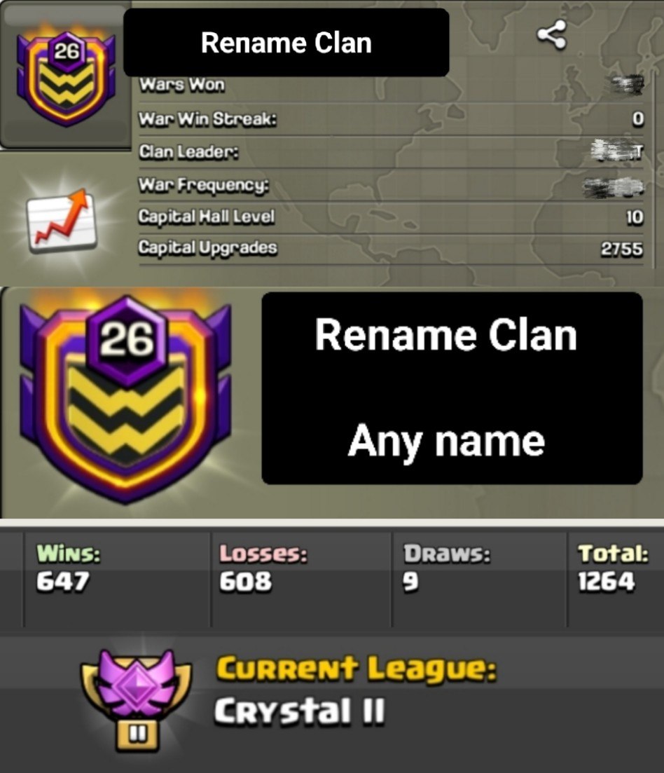 Rename Clan 🏰 LEVEL: 26 🏛️ CAPITAL HALL: 10 ⚔️ WAR: 647-608-9 🏅 CWL: 💎 CRYSTAL II 💸 CHEAP CLAN - INSTANT - AVAILABLE