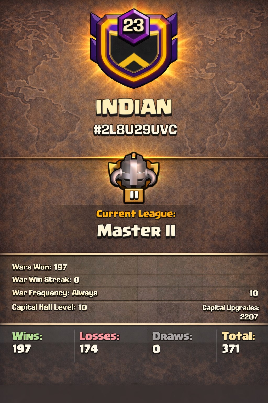 INDIAN 🏰 LEVEL: 23 🏛️ CAPITAL HALL: 10 ⚔️ WAR: 197-174-0 🏅 CWL: 🏆 MASTER II 💸 CHEAP CLAN - INSTANT - AVAILABLE