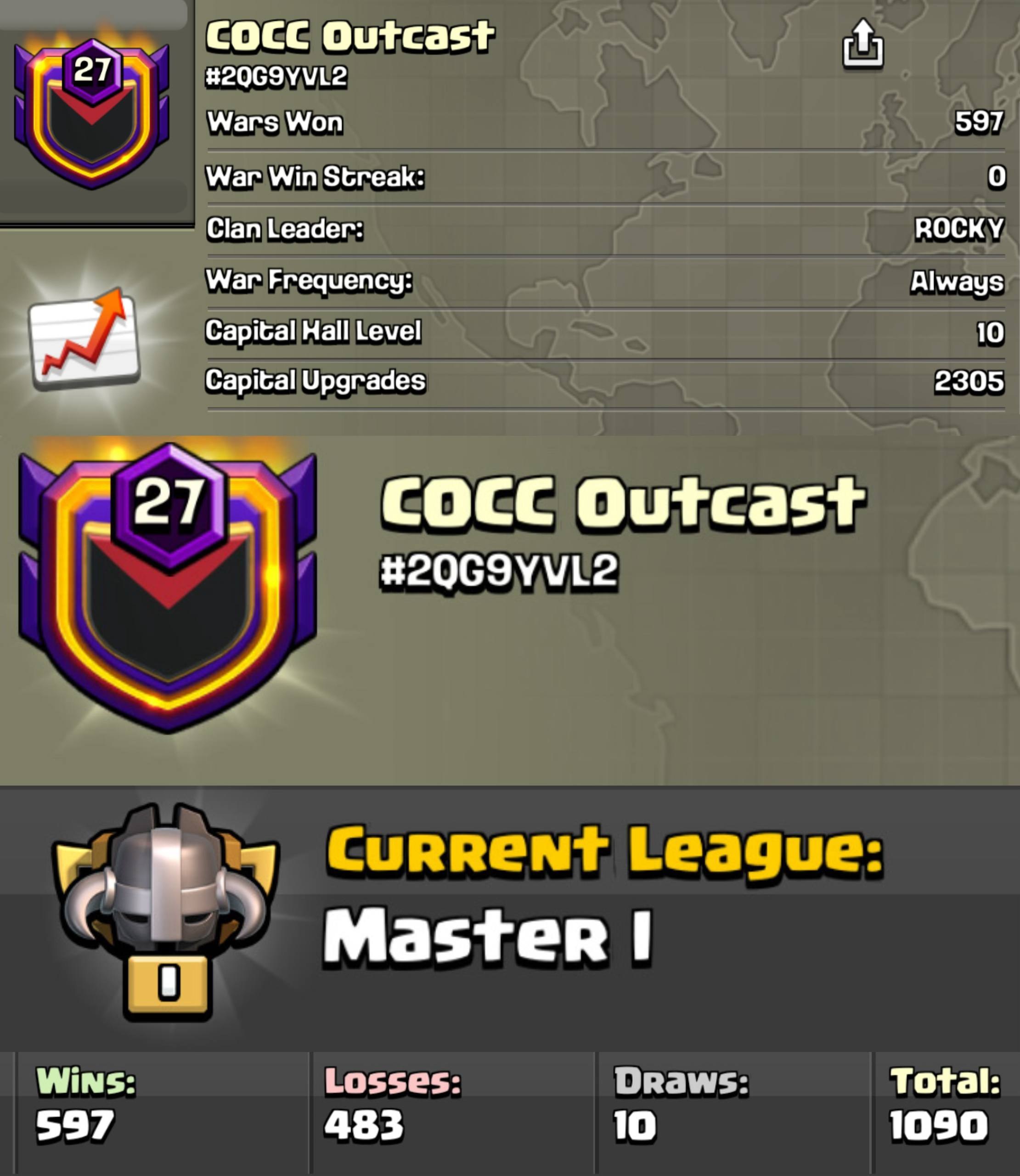 COCC OUTCAST 🚀 LEVEL: 27 🏛️ CAPITAL HALL: 10 ⚔️ WAR WON: 597-483 🥇 CWL: Master I 💰 CHEAP INSTANT AVAILABLE