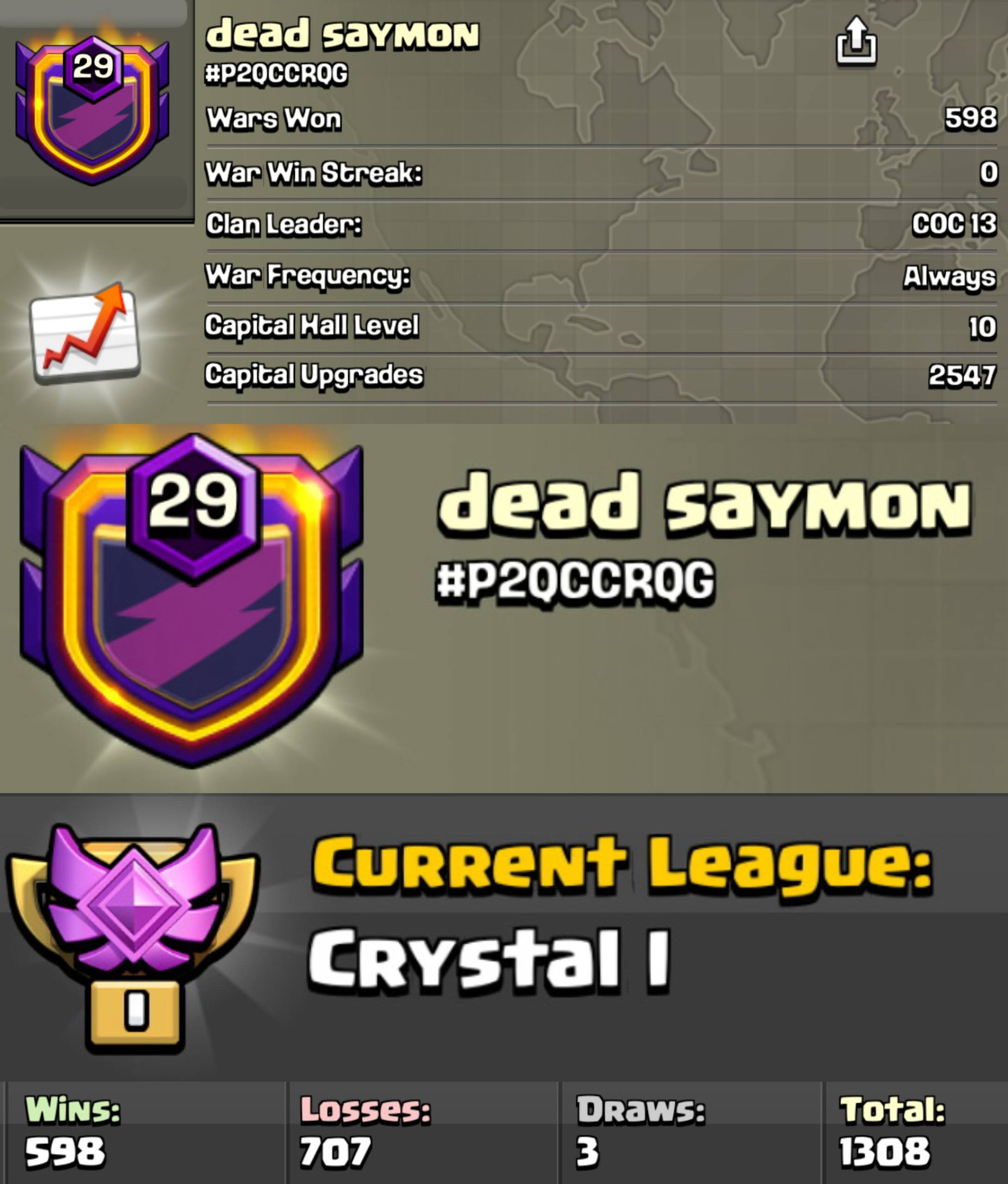 DEAD SAYMON 🚀 LEVEL: 29 🏰 CAPITAL HALL: 10 ⚔️ WAR WON: 598-707 💠 CWL: Crystal I 💸 CHEAP INSTANT AVAILABLE