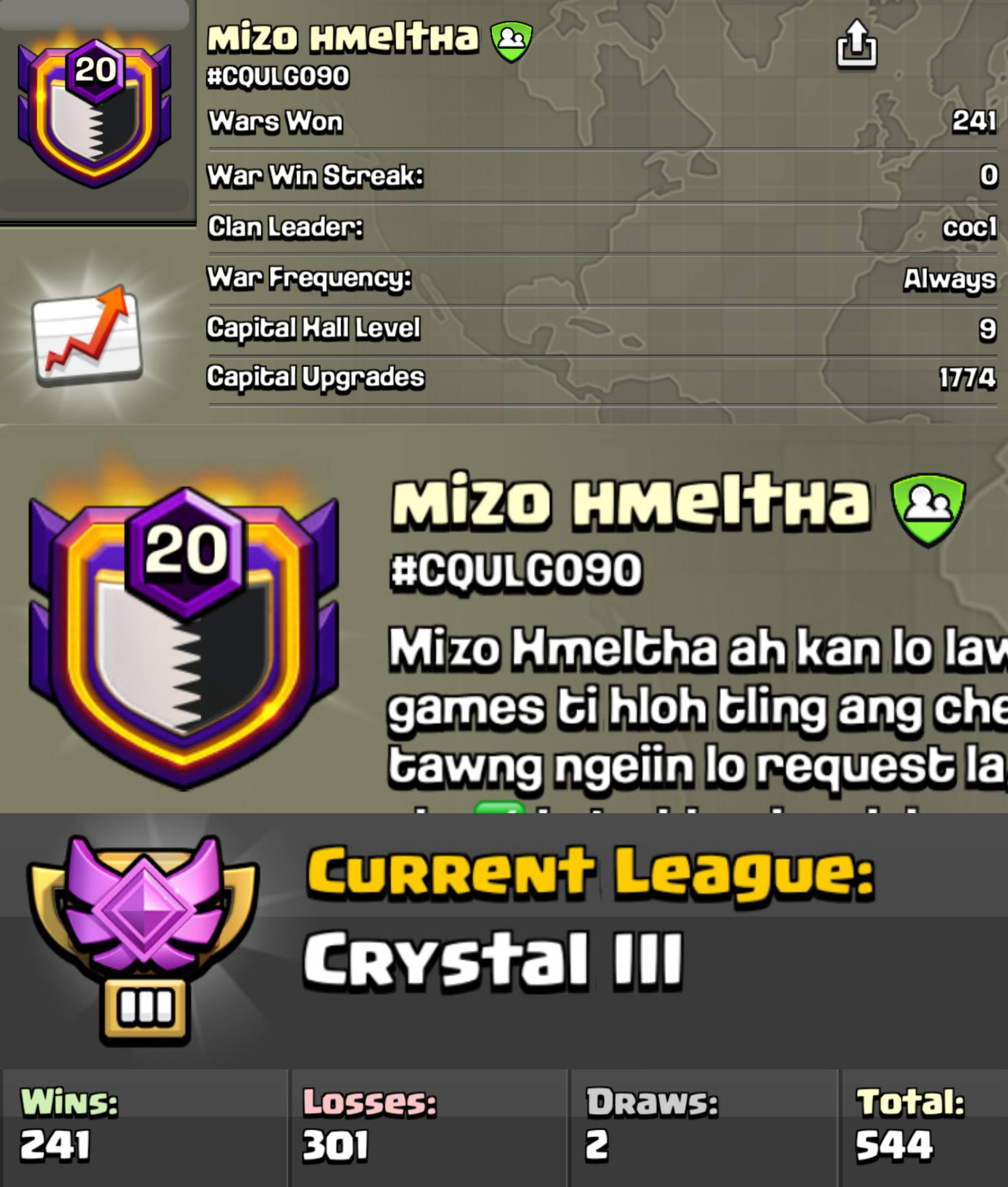 MIZO HMELTHA ๐ฅ LEVEL: 20 ๐ฐ CAPITAL HALL: 9 โ๏ธ WAR WON: 241-301 ๐ CWL: Crystal III ๐ธ CHEAP INSTANT AVAILABLE
