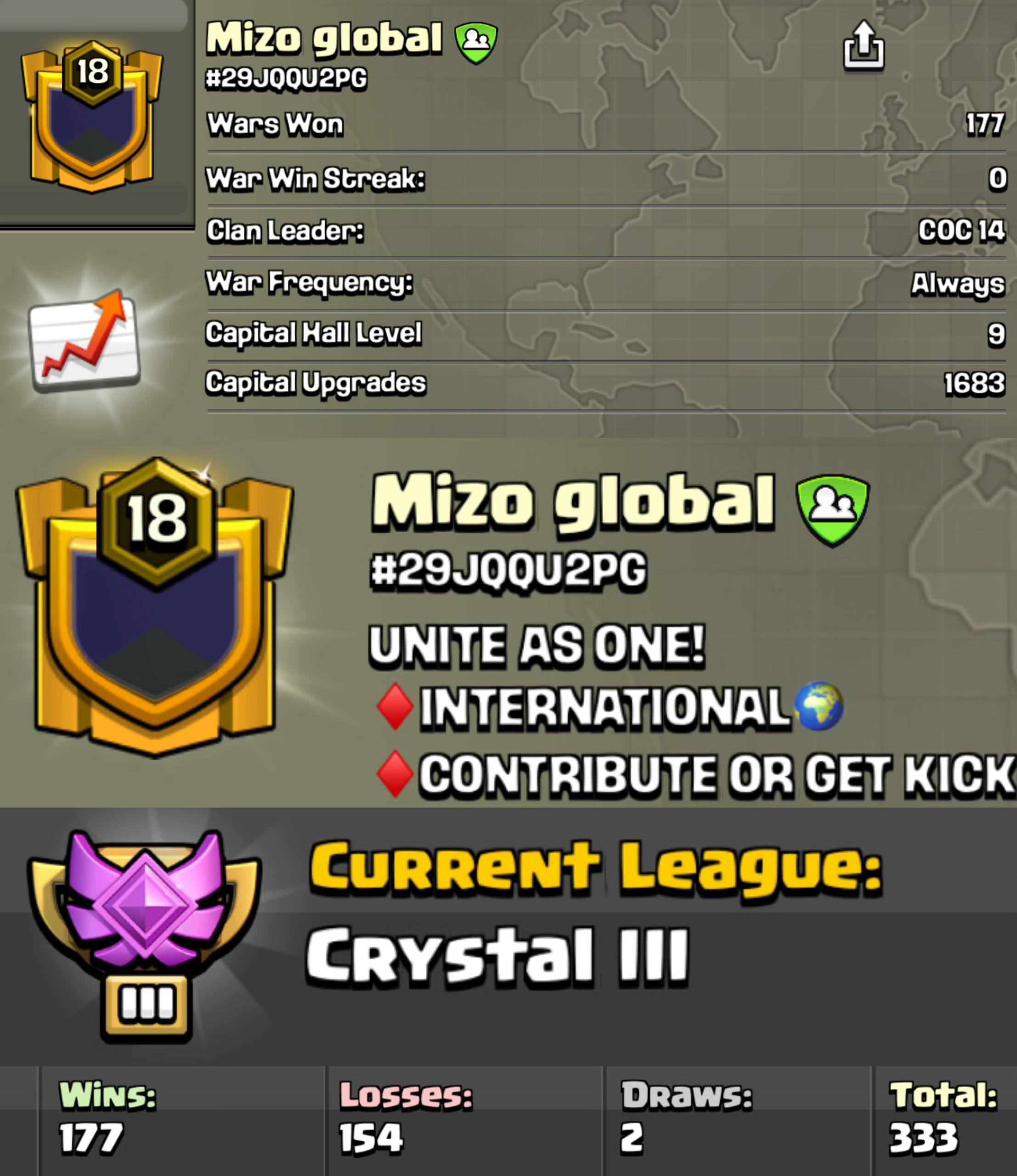 MIZO GLOBAL ⚡ LEVEL: 18 🏯 CAPITAL HALL: 9 🗡️ WAR WON: 177-154 💎 CWL: Crystal III 💰 CHEAP INSTANT AVAILABLE