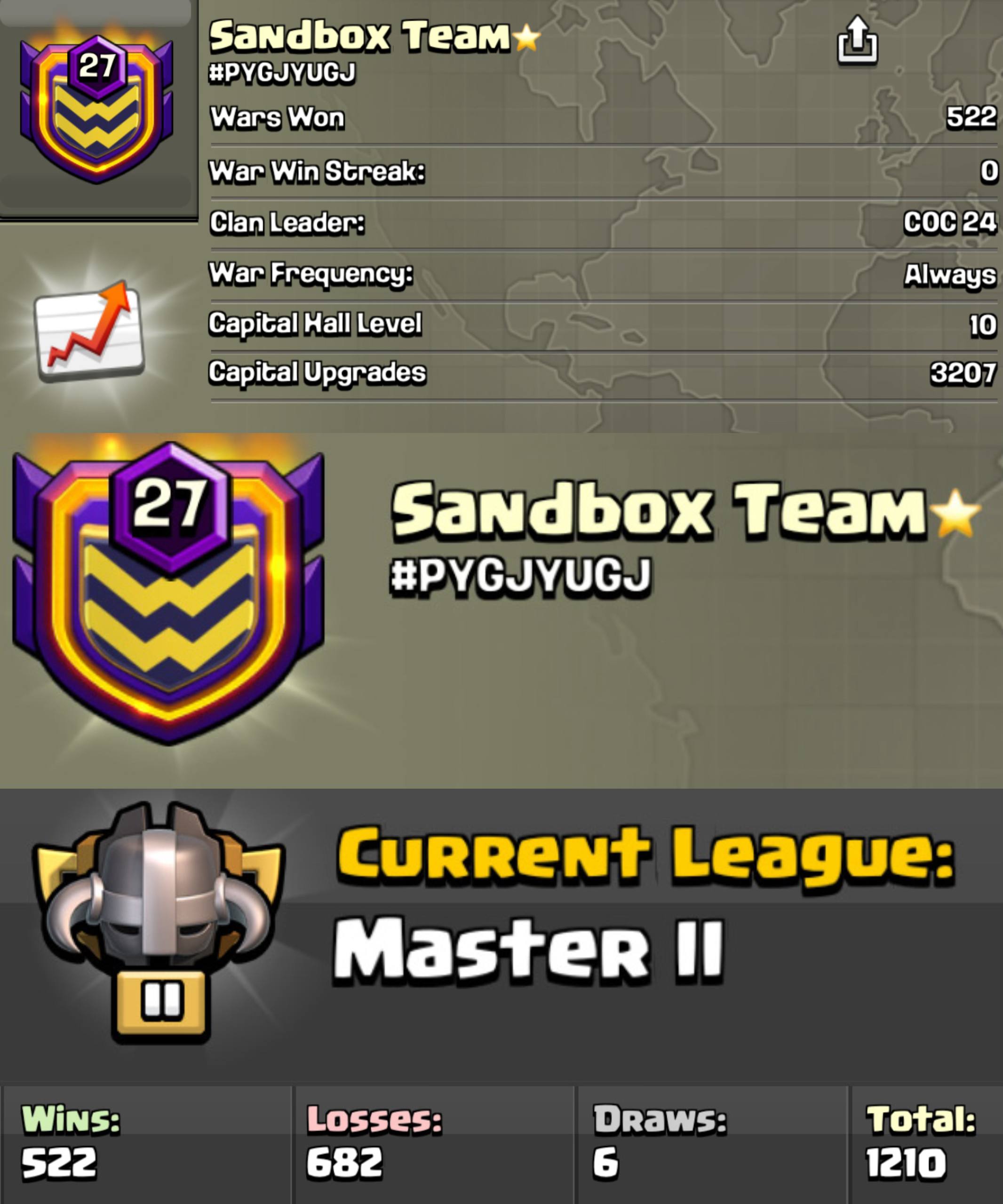 SANDBOX TEAM ★ 🚀 LEVEL: 27 🏯 CAPITAL HALL: 10 🗡️ WAR WON: 522-682 🥈 CWL: Master II 💰 CHEAP INSTANT AVAILABLE