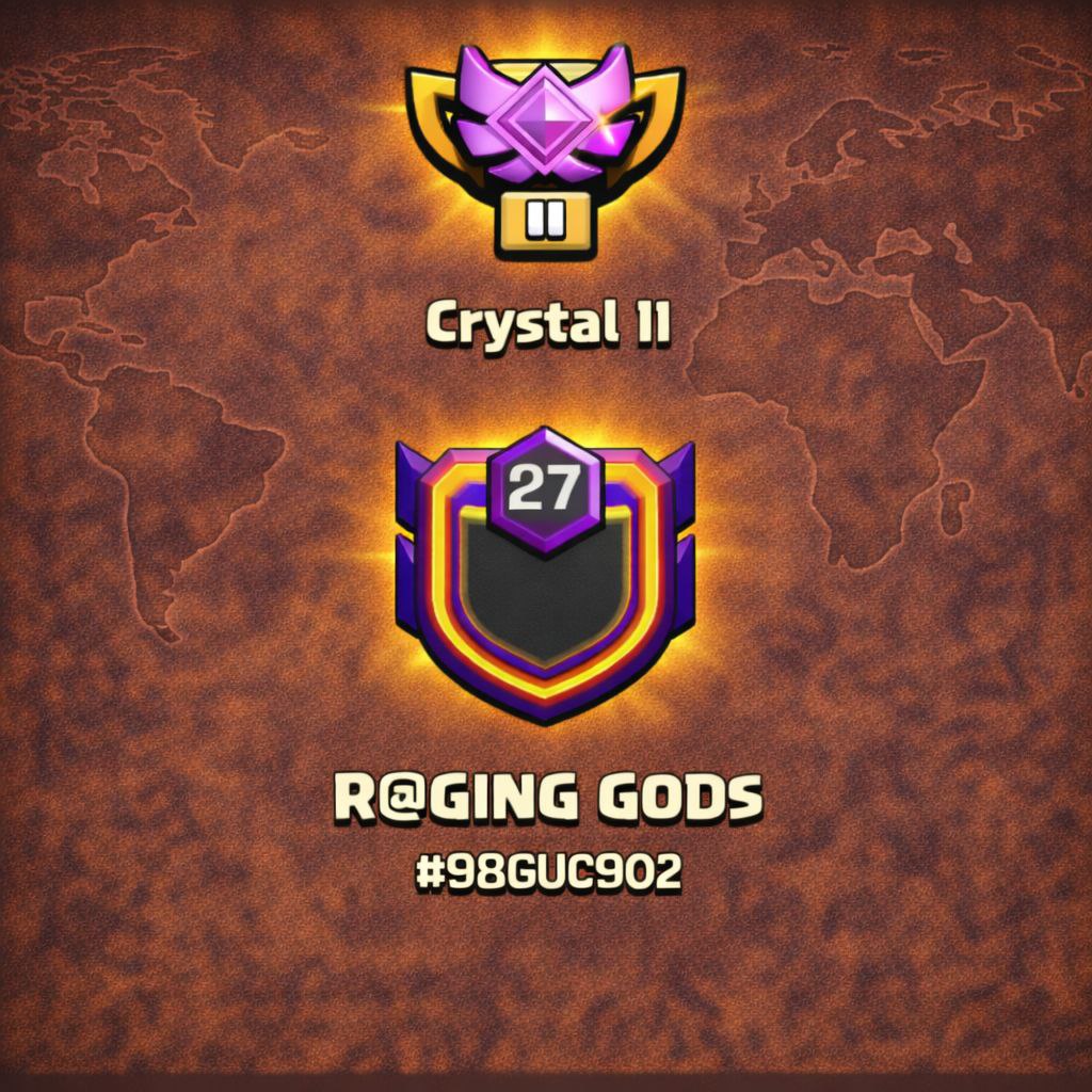 BEST NAME 💎 RAGING GODS 🔥 LEVEL: 27 🏯 CAPITAL HALL: 10 🗡️ WAR WON: 603-523 🏆 CWL: Crystal II 💰 CHEAP INSTANT AVAILABLE