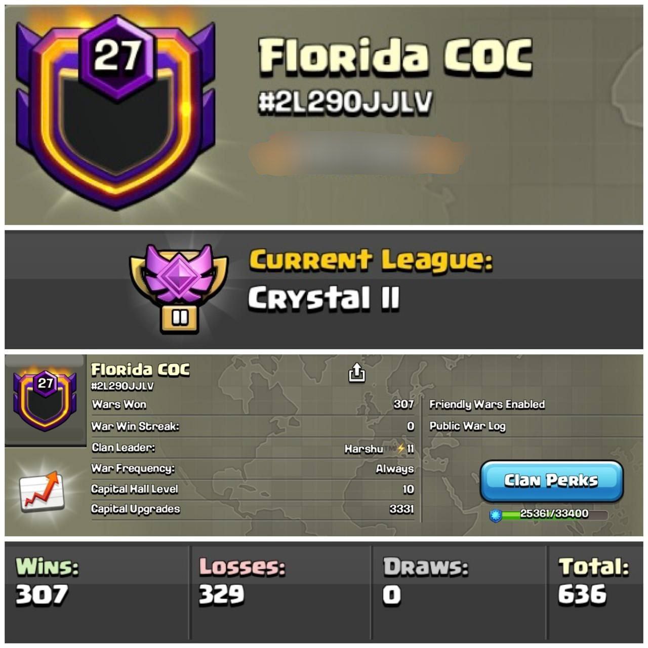 FULL MAX CLAN 💕 FLORIDA COC ⚡ LEVEL: 27 🏰 CAPITAL HALL: 10 ⚔️ WAR WON: 307-329 💎 CWL: Crystal II 💸 CHEAP INSTANT AVAILABLE