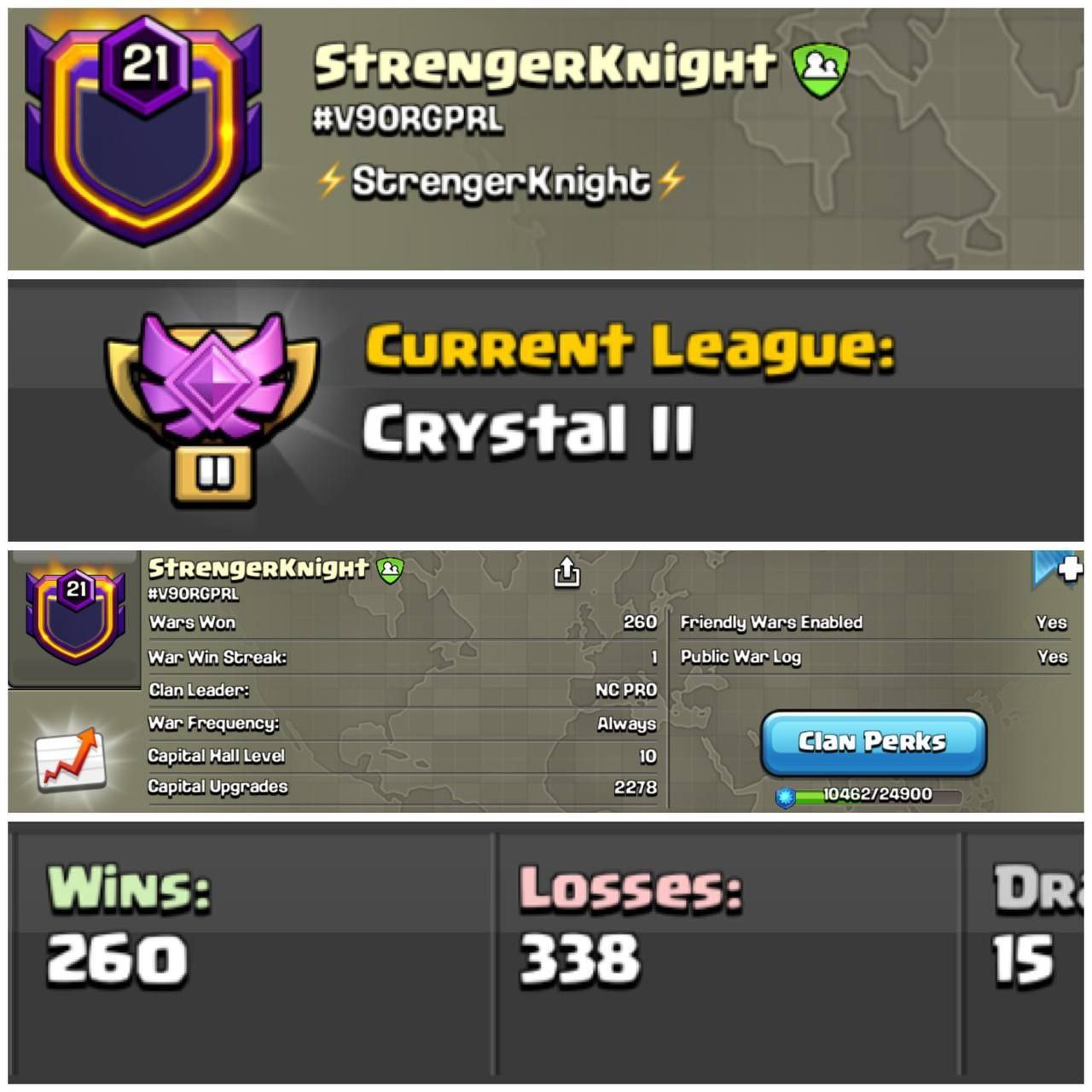 StrengerKnight 🏰 LEVEL: 21 🏛️ CAPITAL HALL: 10 ⚔️ WAR: 260-338-0 🏅 CWL: 💎 CRYSTAL II 💸 CHEAP CLAN - INSTANT - AVAILABLE