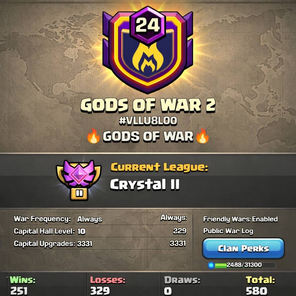 FULL MAX CLAN - GODS OF WAR 2 🏆 LEVEL: 24 🌟 CWL: CRYSTAL II ⚔️ WARLOG: 251-329 🏰 CAPITAL HALL 10 | UPGRADES 3331