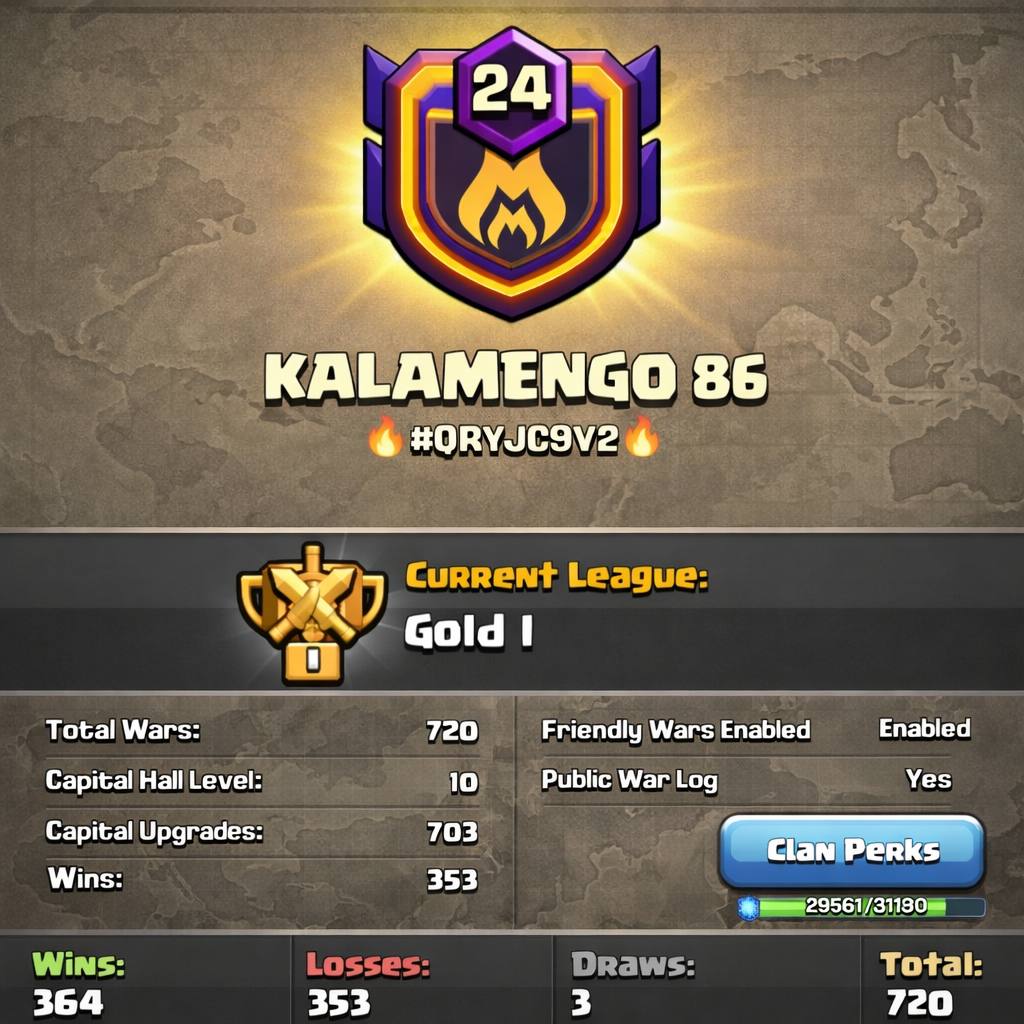 KALAMENGO 86 🏆 LEVEL: 24 🌟 CWL: GOLD I ⚔️ WARLOG: 364-353 🏰 CAPITAL HALL 6 | UPGRADES 703