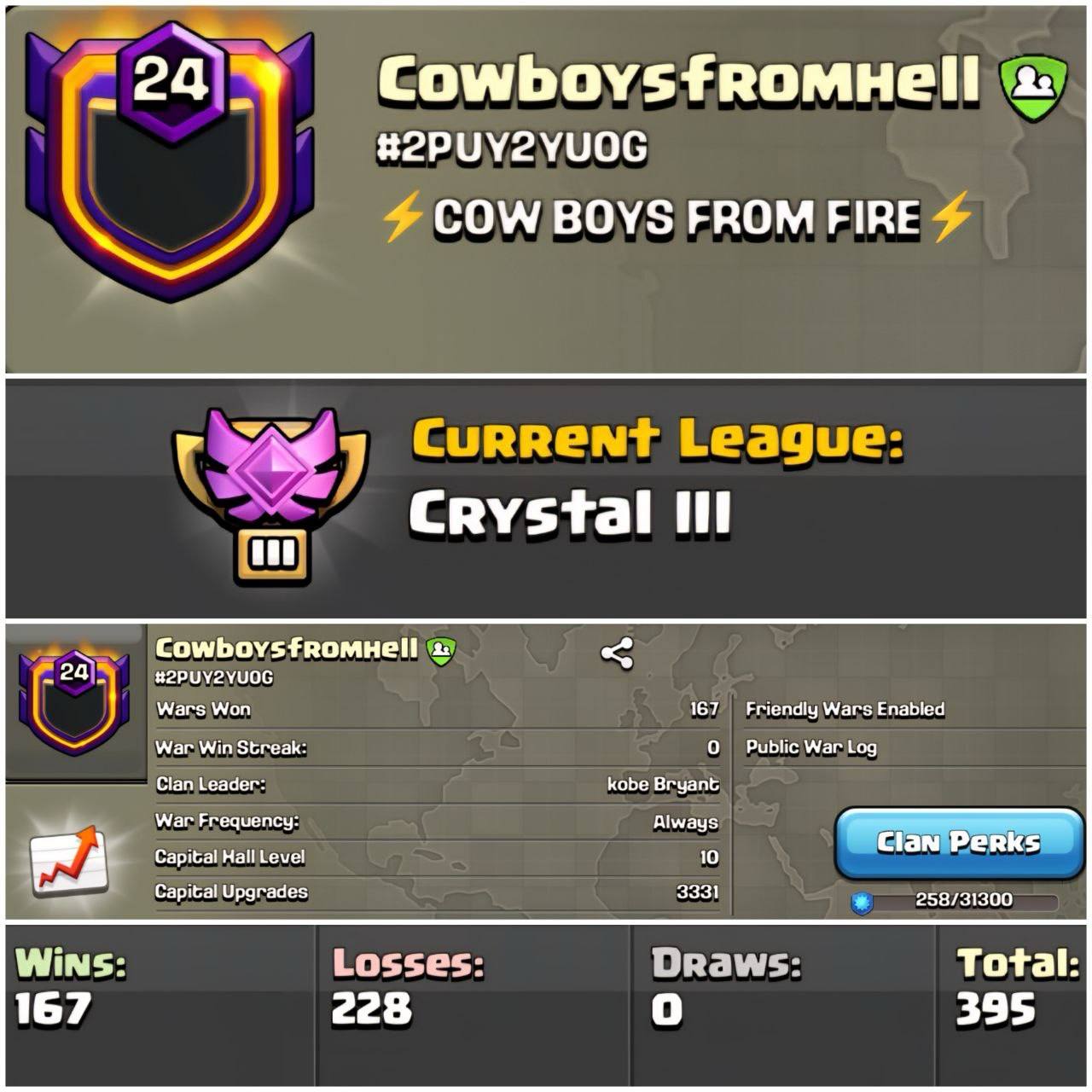 FULL MAX CLAN 🏆 COWBOYSFROMHELL 🏆 LEVEL: 24 🌟 CWL: CRYSTAL III ⚔️ WARLOG: 167-228 🏰 CAPITAL HALL 10 | UPGRADES 3331