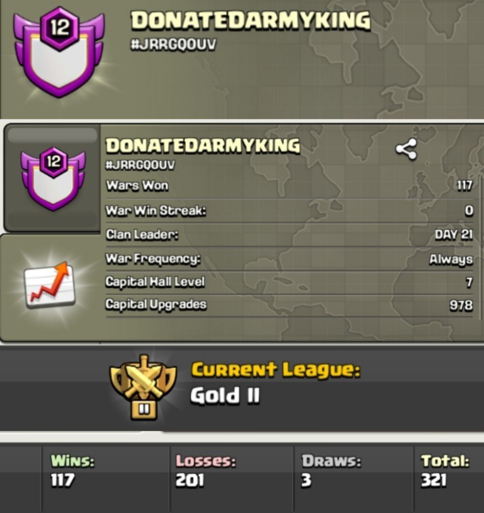 DONATEDARMYKING 🏰 LEVEL: 12 🏛️ CAPITAL HALL: 7 ⚔️ WAR: 117-201-3 🏅 CWL: GOLD 2