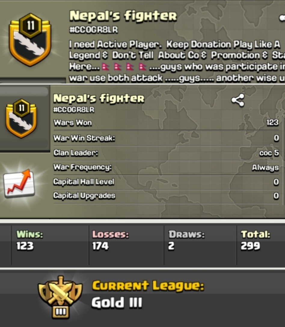 Nepal's fighter 🏰 LEVEL: 11 ⚔️ WAR: 123-174-2 🏅 CWL: 🥉 GOLD III 💸 CHEAP CLAN - INSTANT - AVAILABLE