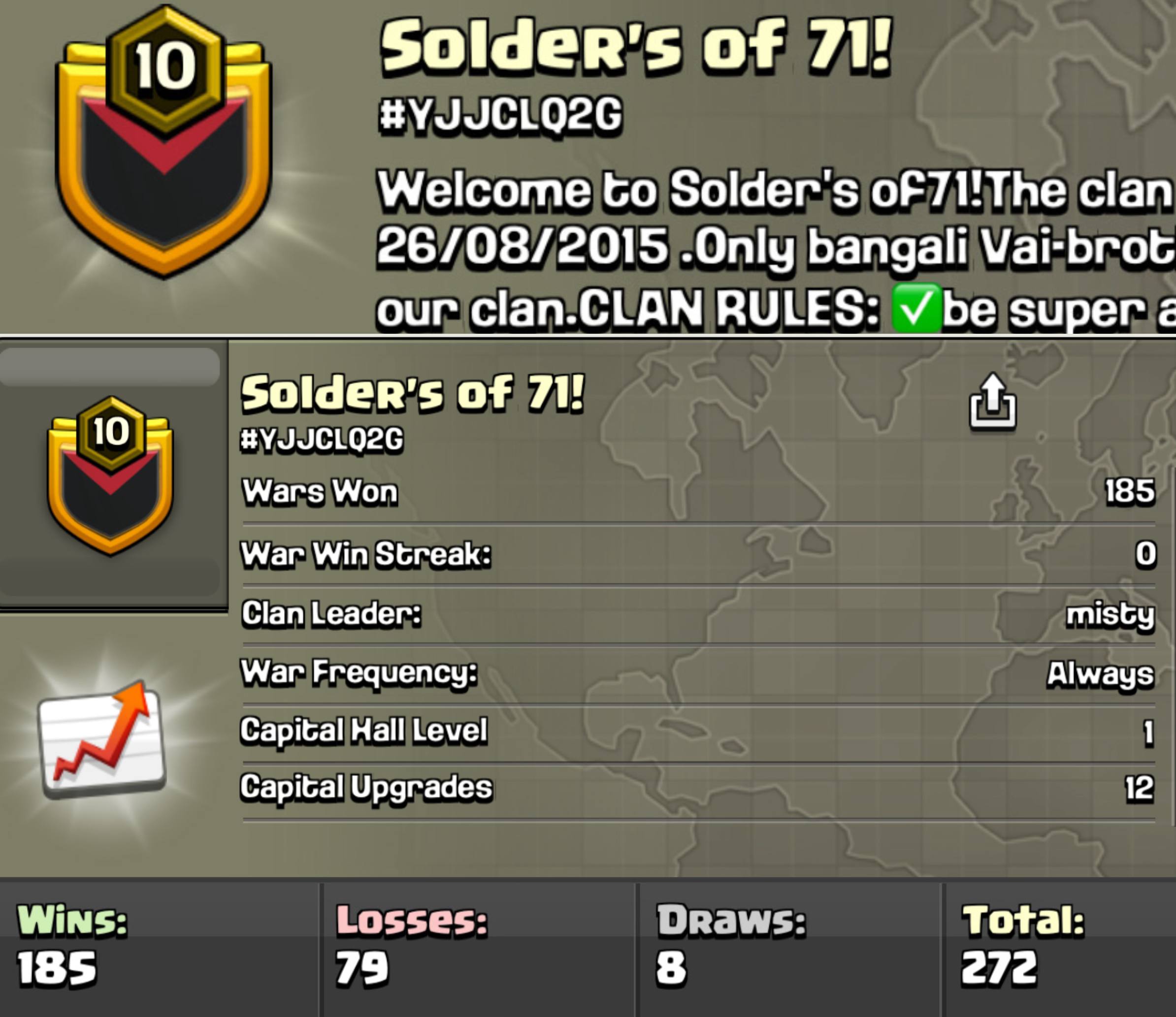 SoldER's of 71! 🏰 LEVEL: 10 ⚔️ WAR: 185-79-8 🏅 CWL: 📭 UNRANKED 💸 CHEAP CLAN - INSTANT - AVAILABLE