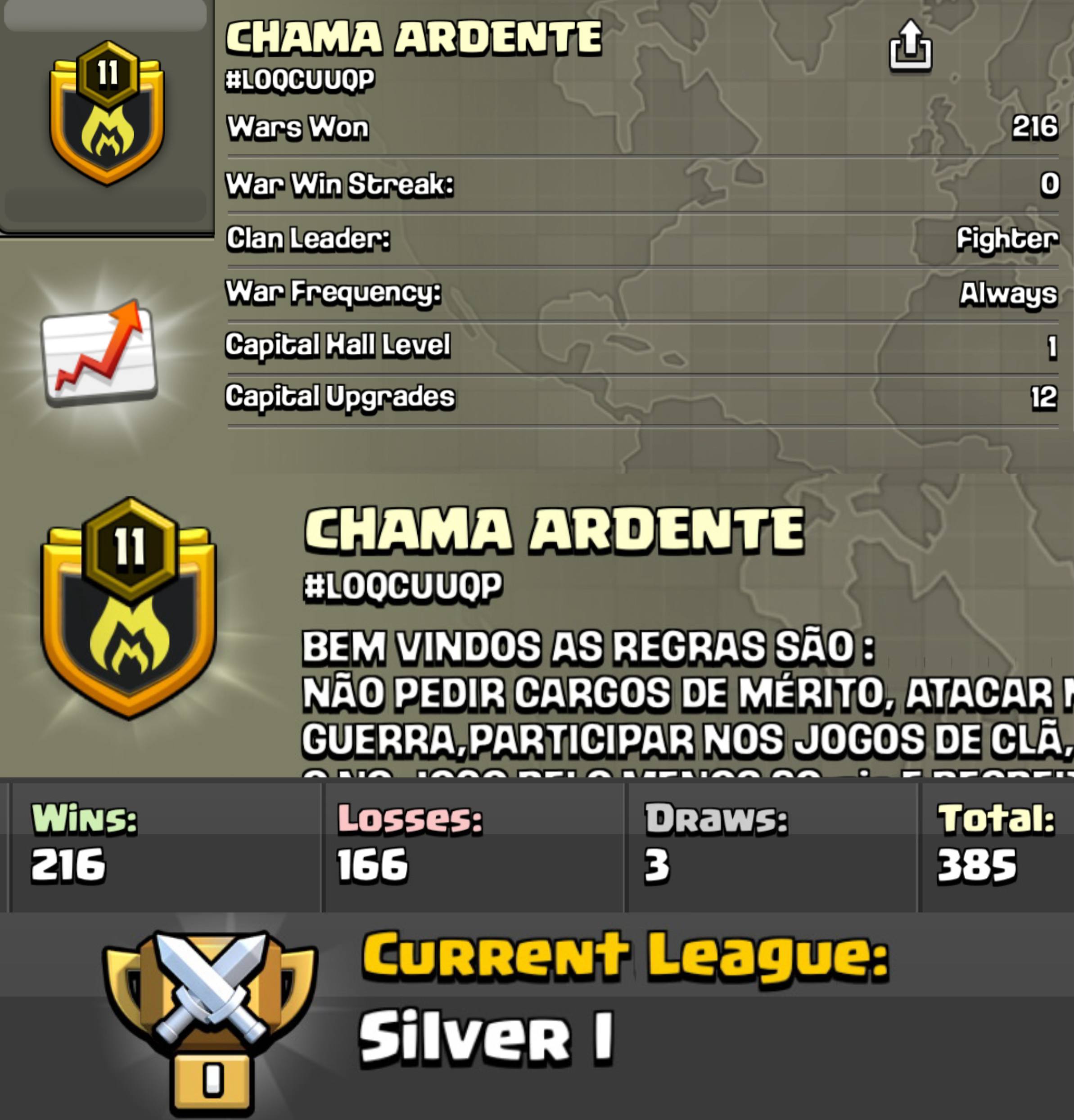 CHAMA ARDENTE 🏰 LEVEL: 11 ⚔️ WAR: 216-166-3 🏅 CWL: 📭 UNRANKED 💸 CHEAP CLAN - INSTANT - AVAILABLE