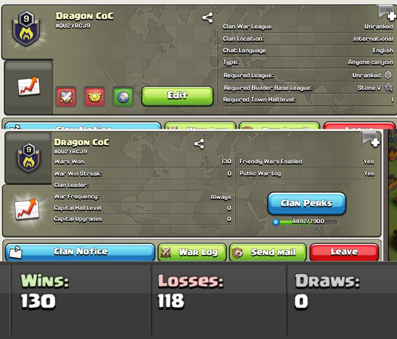Dragon CoC [] LEVEL: 9 [] CAPITAL HALL: 0 [] WAR WON: 130 [] CWL: Unranked