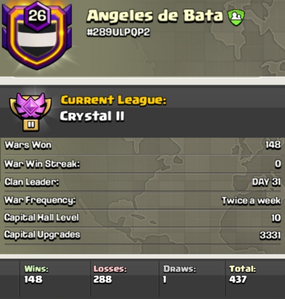 FULL MAX CLAN ANGELES DE BATA 🔥 LEVEL: 26 🏯 CAPITAL HALL: 10 ⚔️ WAR WON: 148-288 💎 CWL: Crystal II 💰 CHEAP INSTANT AVAILABLE