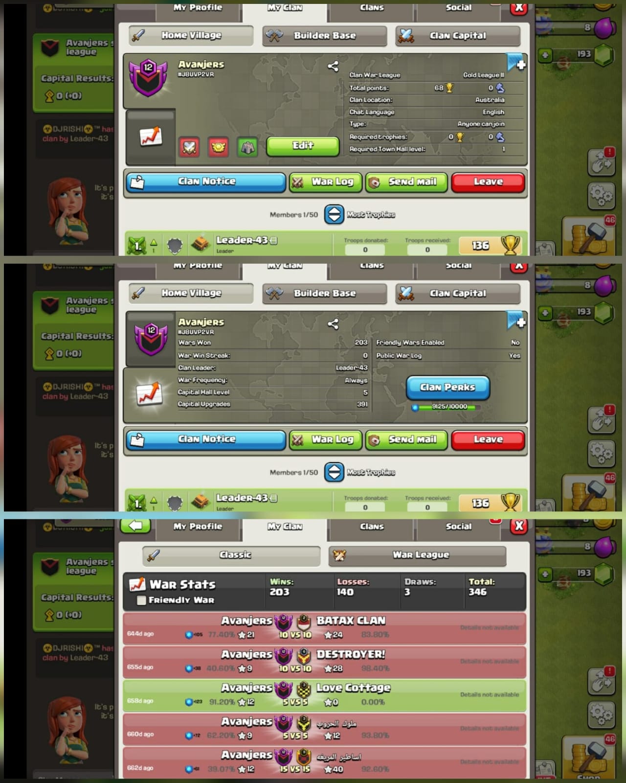 Name-Avanjers]CC 5]level12]Almost Lvl 13] Gold 2]203 Win-140Loss ]Fast Delivery] Cheap Clan