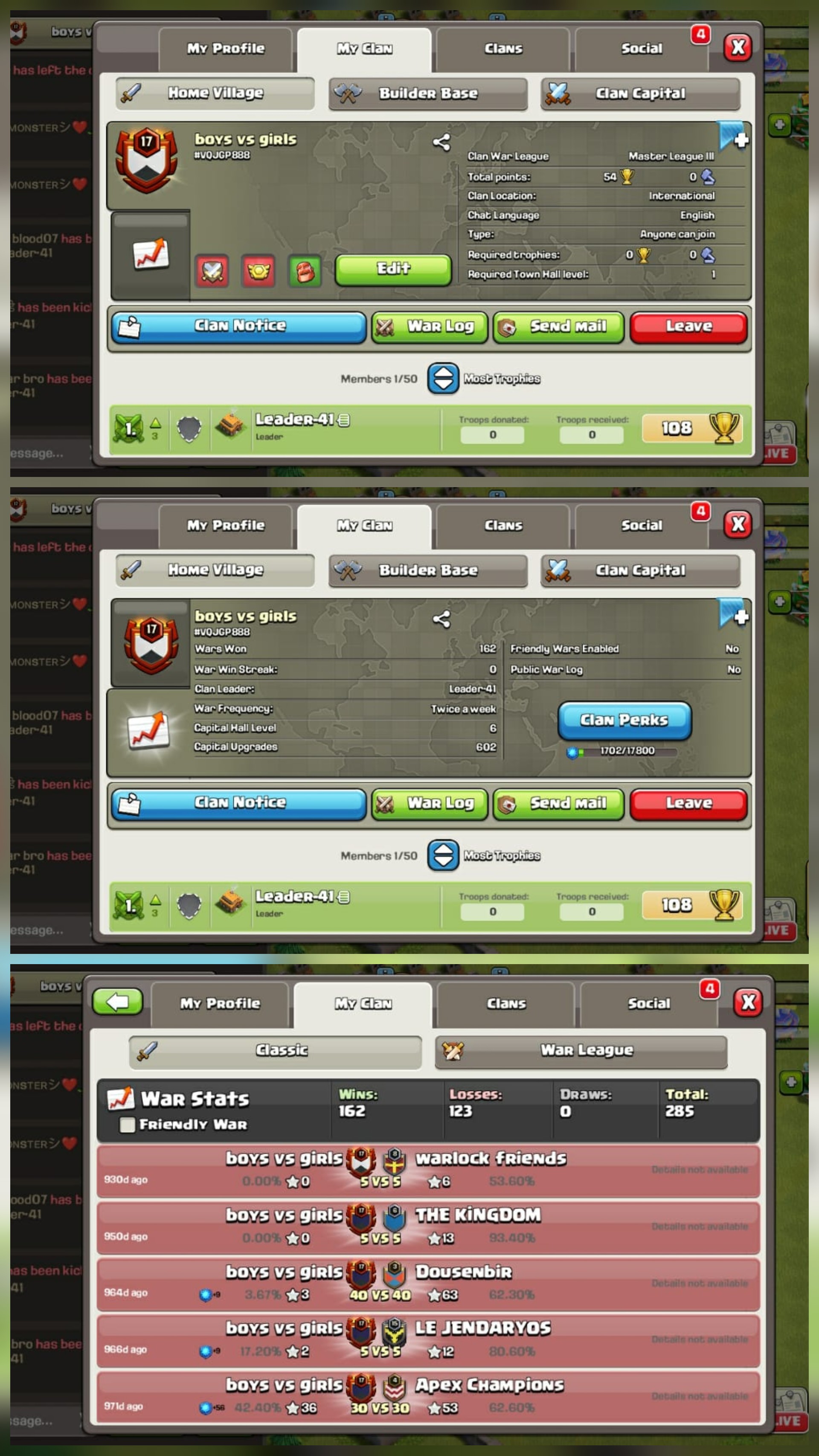 Name-boys vs girls]CC 6]level17]Master 3]162 Win-123Loss ]Fast Delivery] Cheap Clan