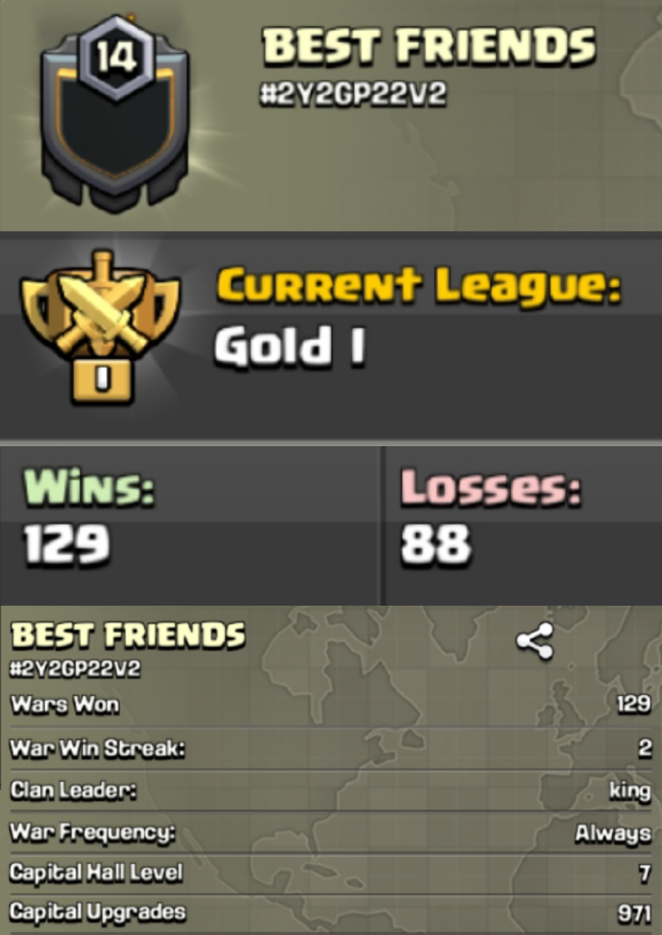 ✅️**BEST FRIENDS**😈 LVL-14 💞|| ENGLISH NAME ||💝 GOLD 1 |🤧| CLAN CAPITAL:-7 ||❤️🔥POSITIVE WARLOG 😂|| GOOD NAME || CHEAPEST