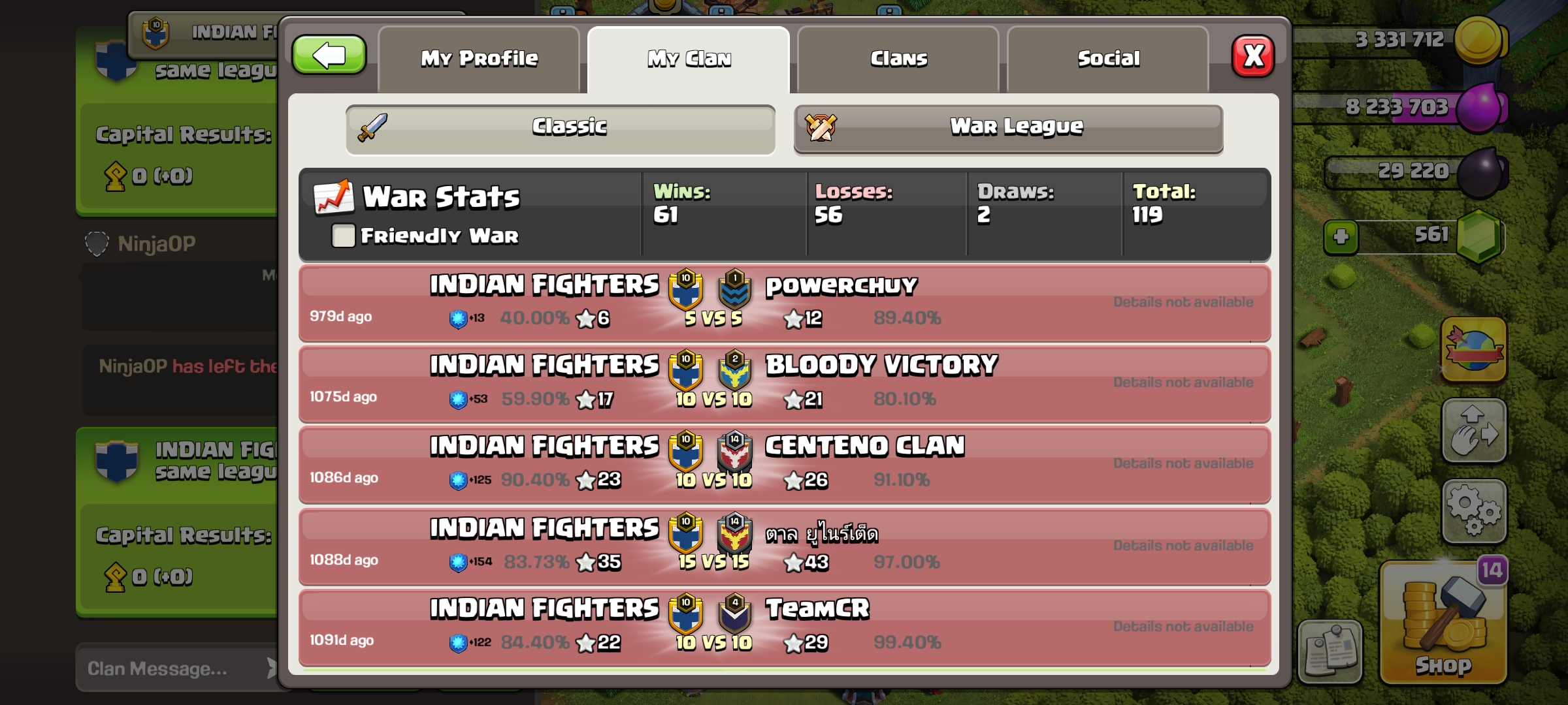 Name:- INDIAN FIGHTERS]CC 5]level10]Gold 1]61 Win-56Loss ]Fast Delivery] Cheap Clan