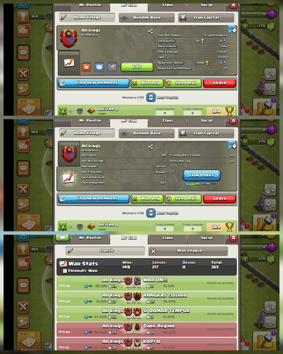 Pure English Name-All kings ] Crystal 1]CC 7]level16]148Win-217Loss ]Fast Delivery] Cheap Clan