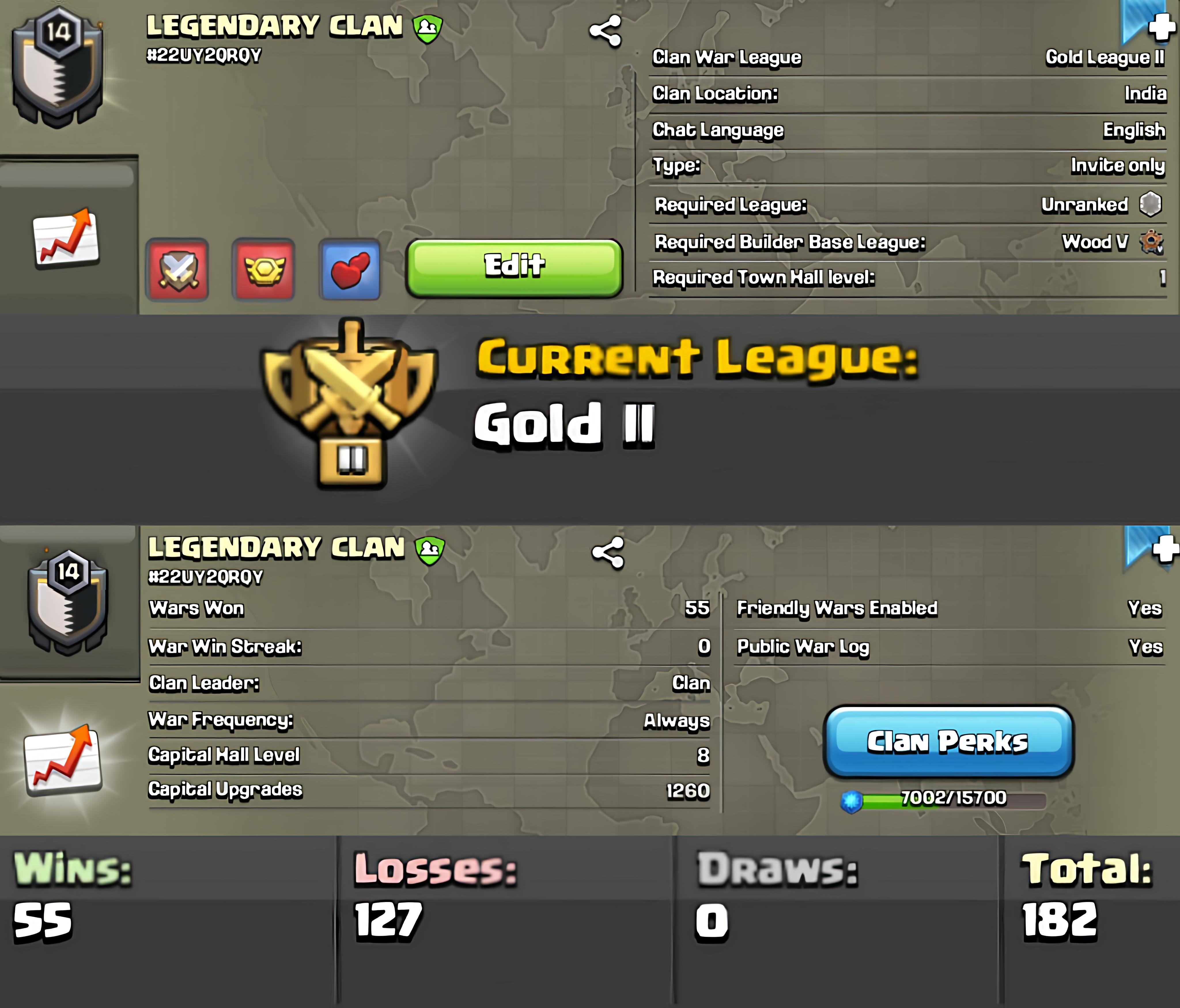 PREMIUM LEVEL 14 CLAN🔥ENGLISH NAME :- LEGENDARY CLAN ⚡️CAPITAL HALL LVL:- 8⚡️CWL:- GOLD 2 😍STRONG WARLOG ⚡️ALMOST LEVEL 15 💎INSTANT DELIVERY AFTER PURCHASE ⏩