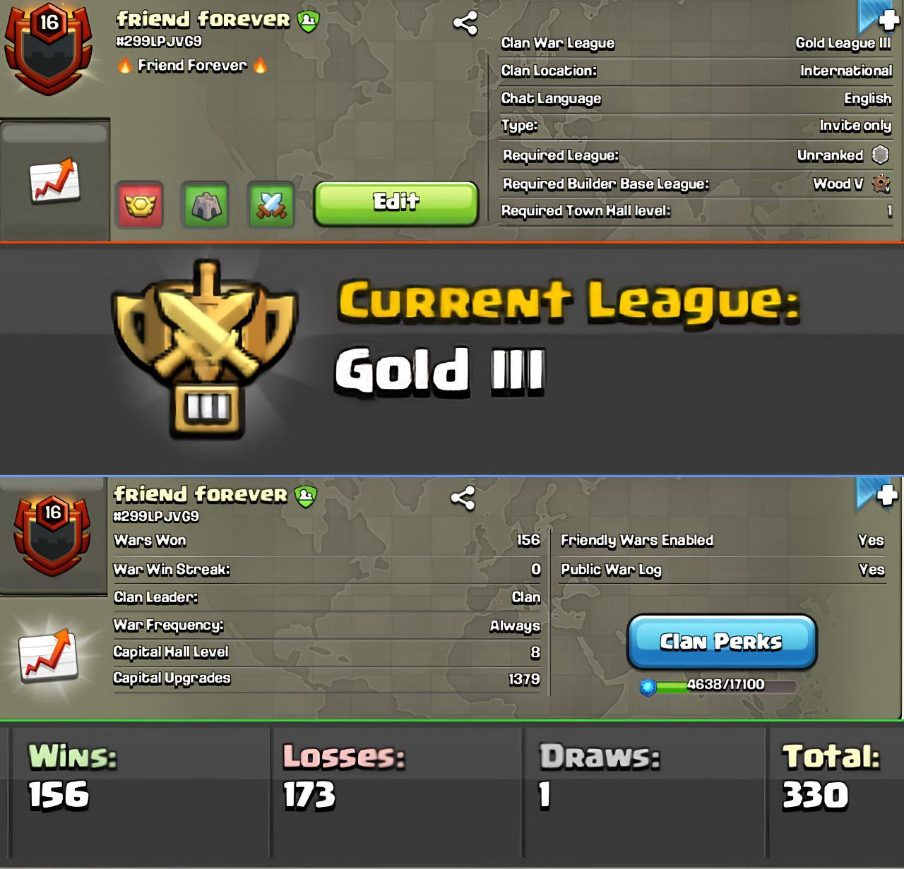Level - 16 | FRIEND FOREVER | CWL - Gold 3 | Clan Capital Lvl  - 8 | WAR LOG - (156-173) | INSTANT DELIVERY