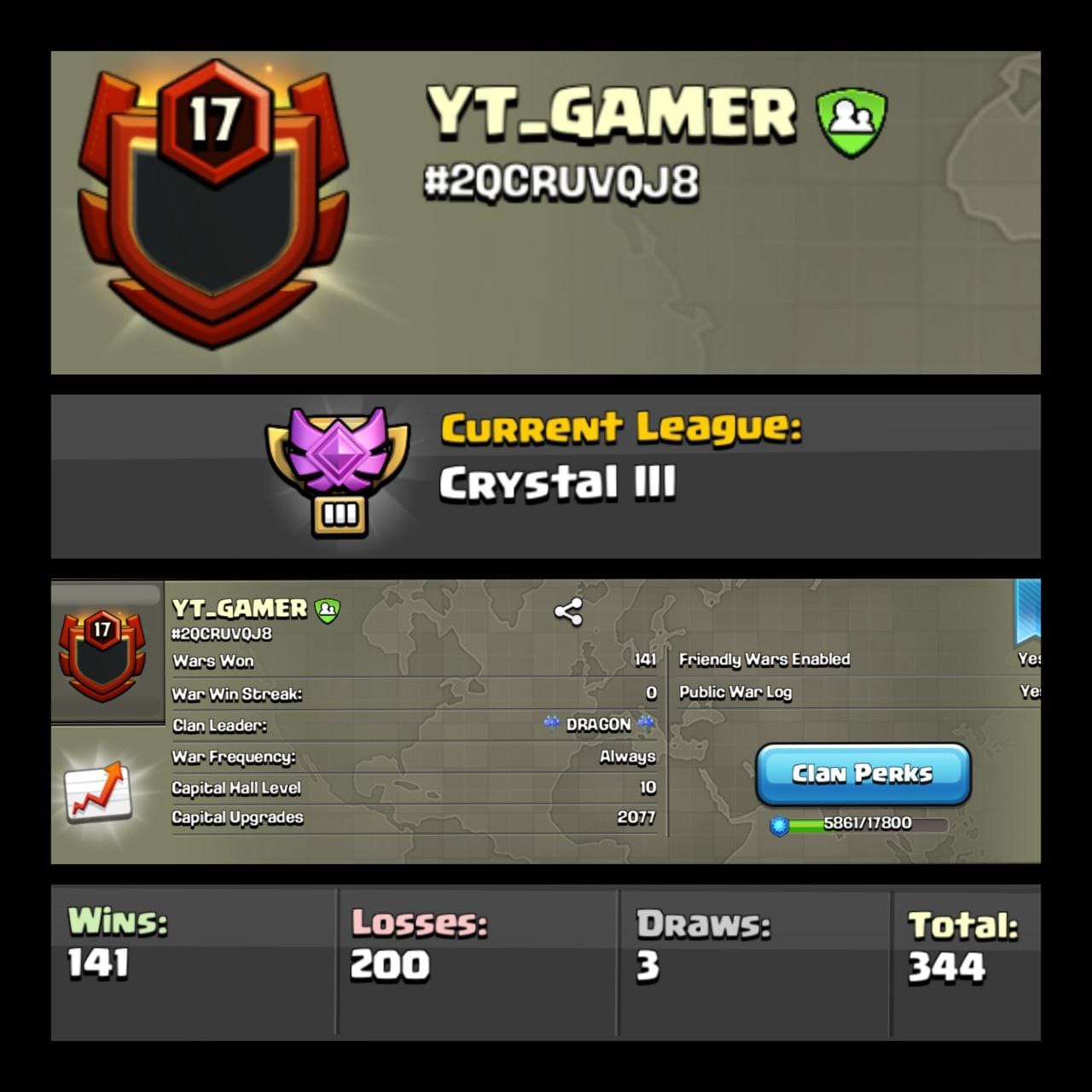 Level 17 clan || clan capital 10 || crystal 3 || name - YT_GAMER