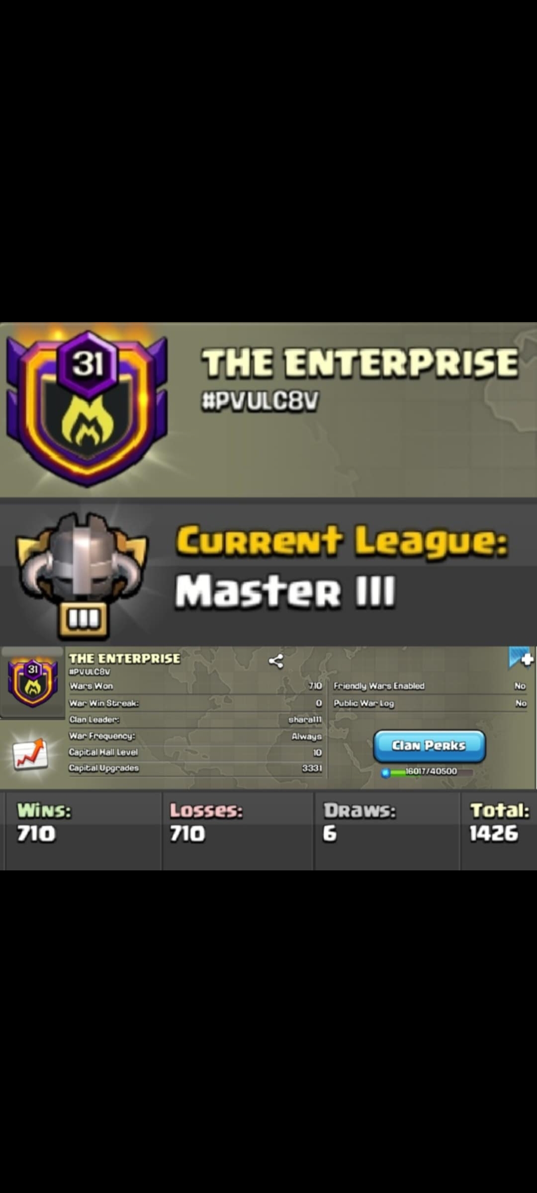 Clan Level 31🌹PURE ENGLISH NAME🌹THE ENTERPRISE🌹MASTER 3🌹CC 10 MAX