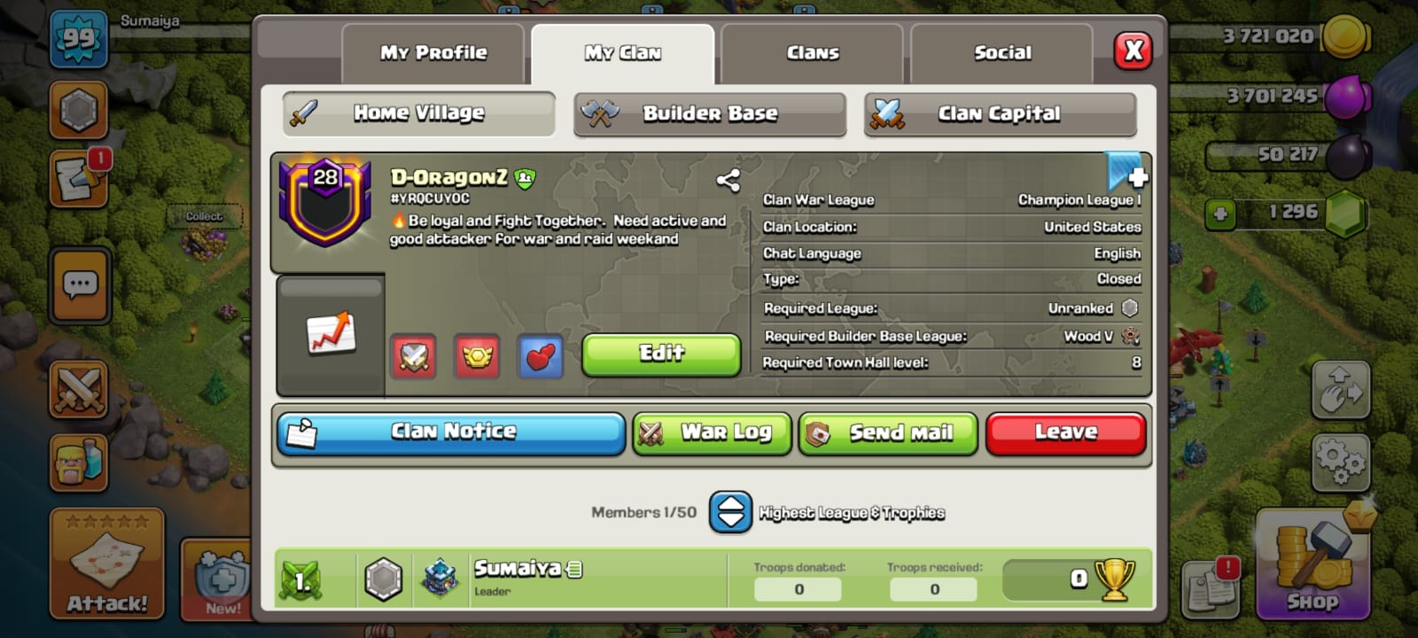 Clan Lvl-28 | English Name : D-RagonZ | Cwl Rank- Champion 1 | Cp-10 Full Max | War Win-638 | instant delivery