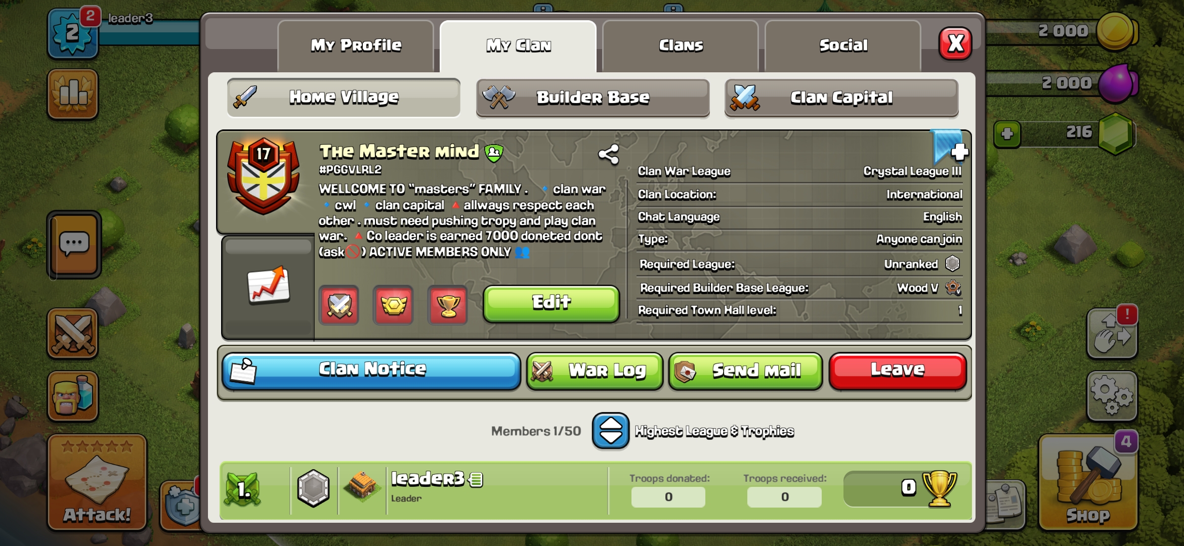 Clan Lvl-17 | English Name : The Master MiNd | Cp-9 Full Max | War Win-Good | instant delivery