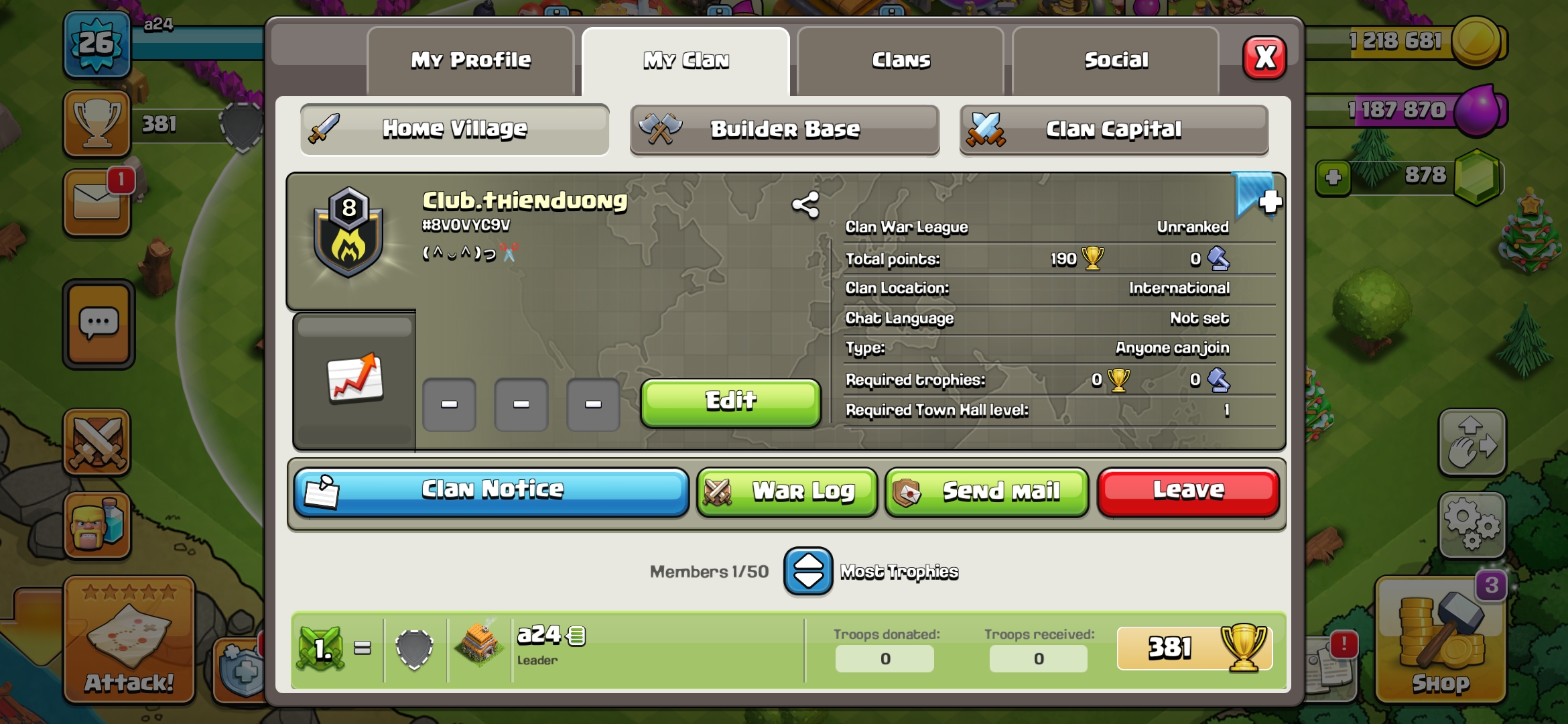 🔥CLAN NAME:- Club.thienduong 🔥CLAN LEVEL: 8 🔥 UNRANKED CLAN🔥108 WAR WON🔥INSTANT DELIVERY