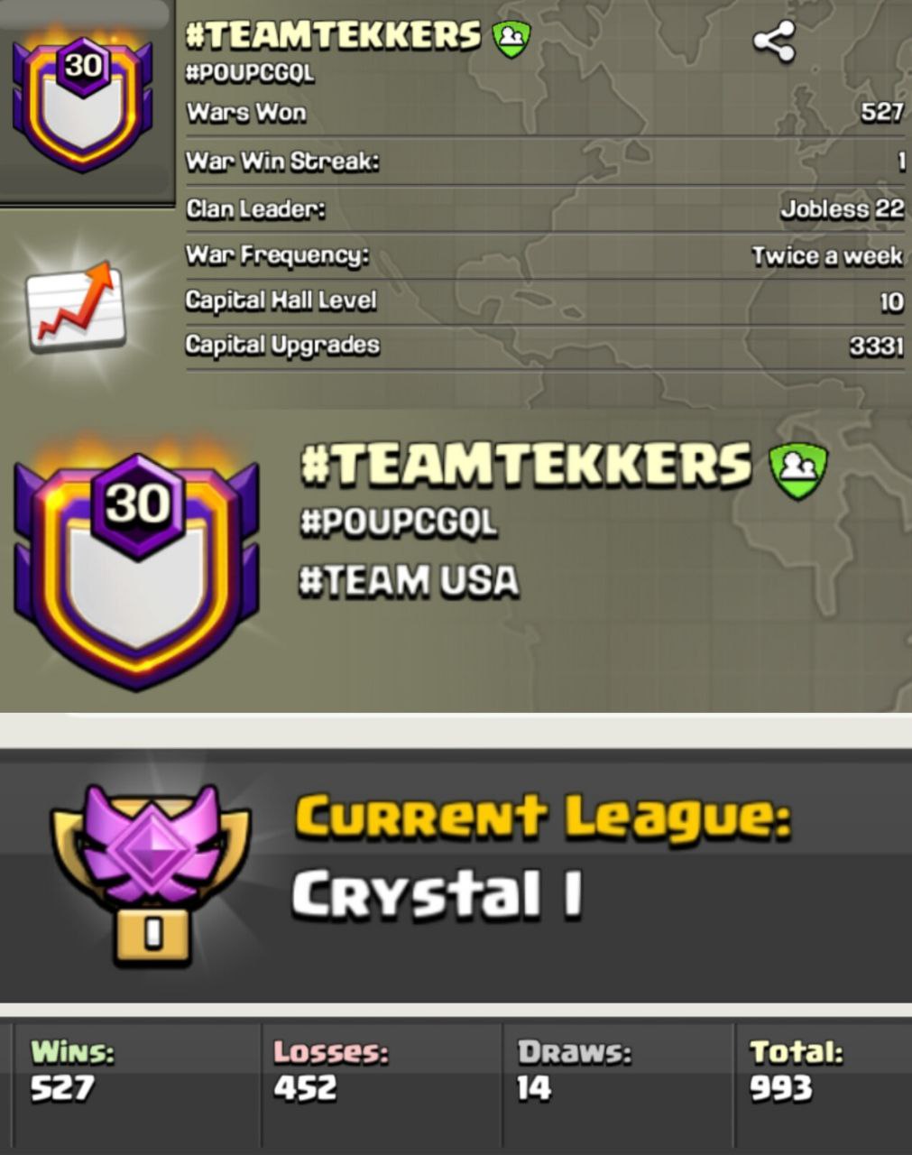 NAME - TEAM TEKKERS 🔥 LEVEL: 30 🏰 CAPITAL HALL: 10 ⚔️ WAR WON: 527-452 💎 CWL: Crystal I 💸 CHEAP INSTANT AVAILABLE