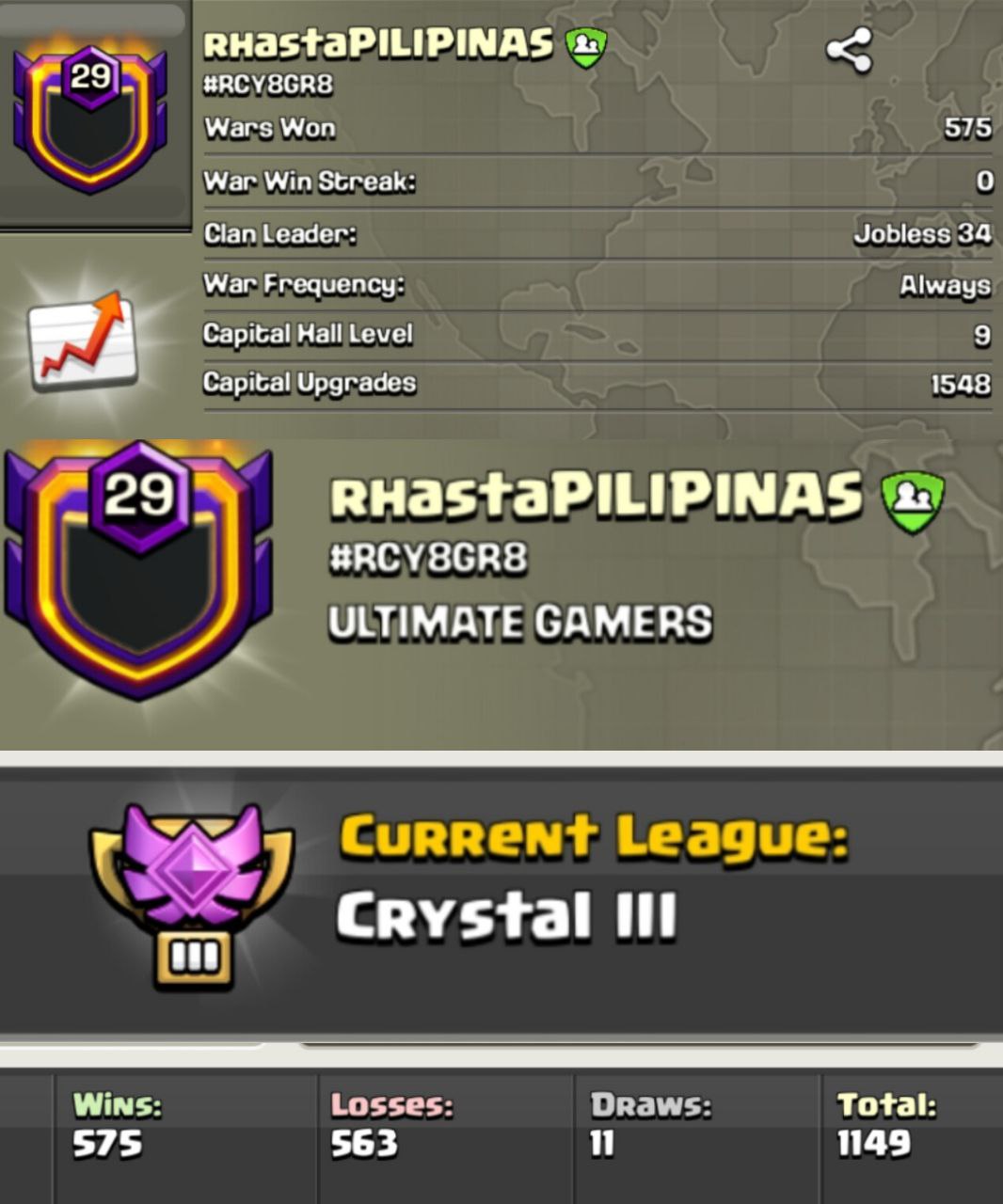 RHASTAPILIPINAS 🌟 LEVEL: 29 🏰 CAPITAL HALL: 9 ⚔️ WAR WON: 575-563 💠 CWL: Crystal III 💸 CHEAP INSTANT AVAILABLE