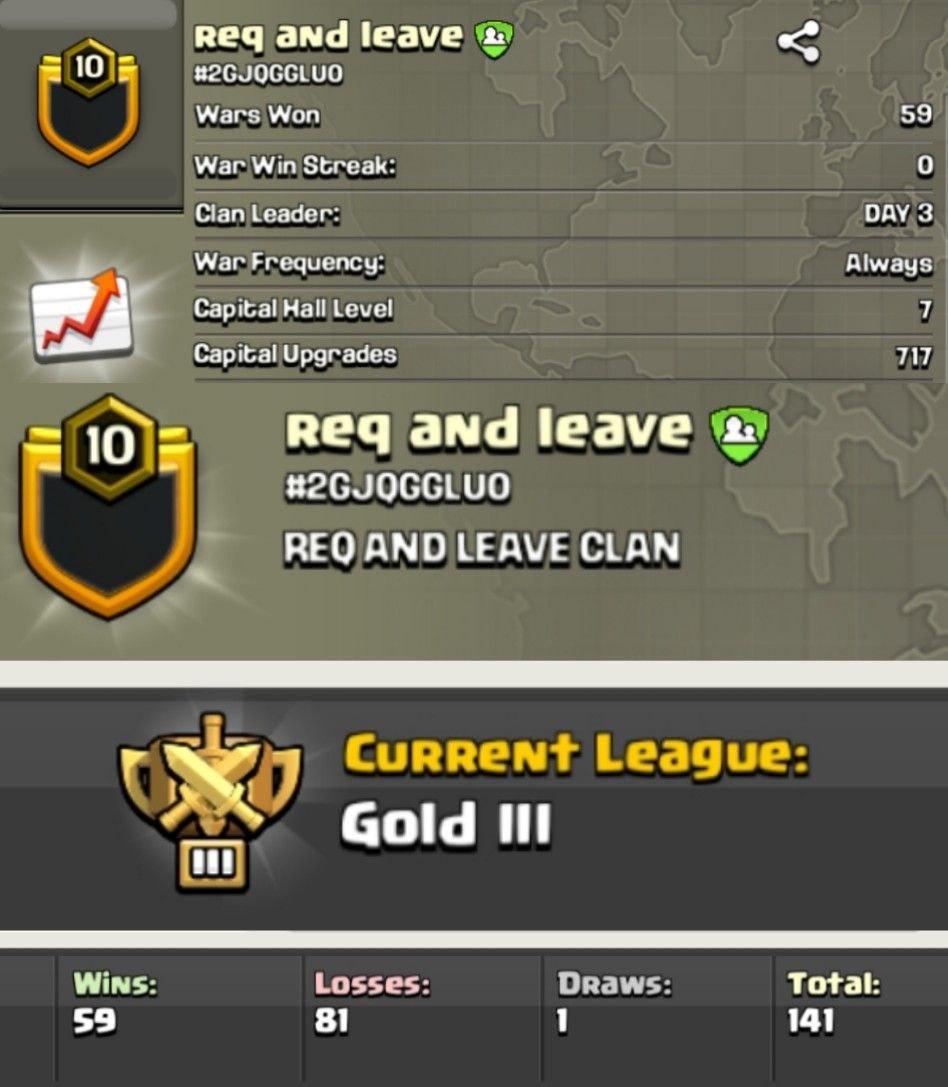REQ AND LEAVE ⚡ LEVEL: 10 🏯 CAPITAL HALL: 7 ⚔️ WAR WON: 59-81 🥇 CWL: Gold III 💰 CHEAP INSTANT AVAILABLE