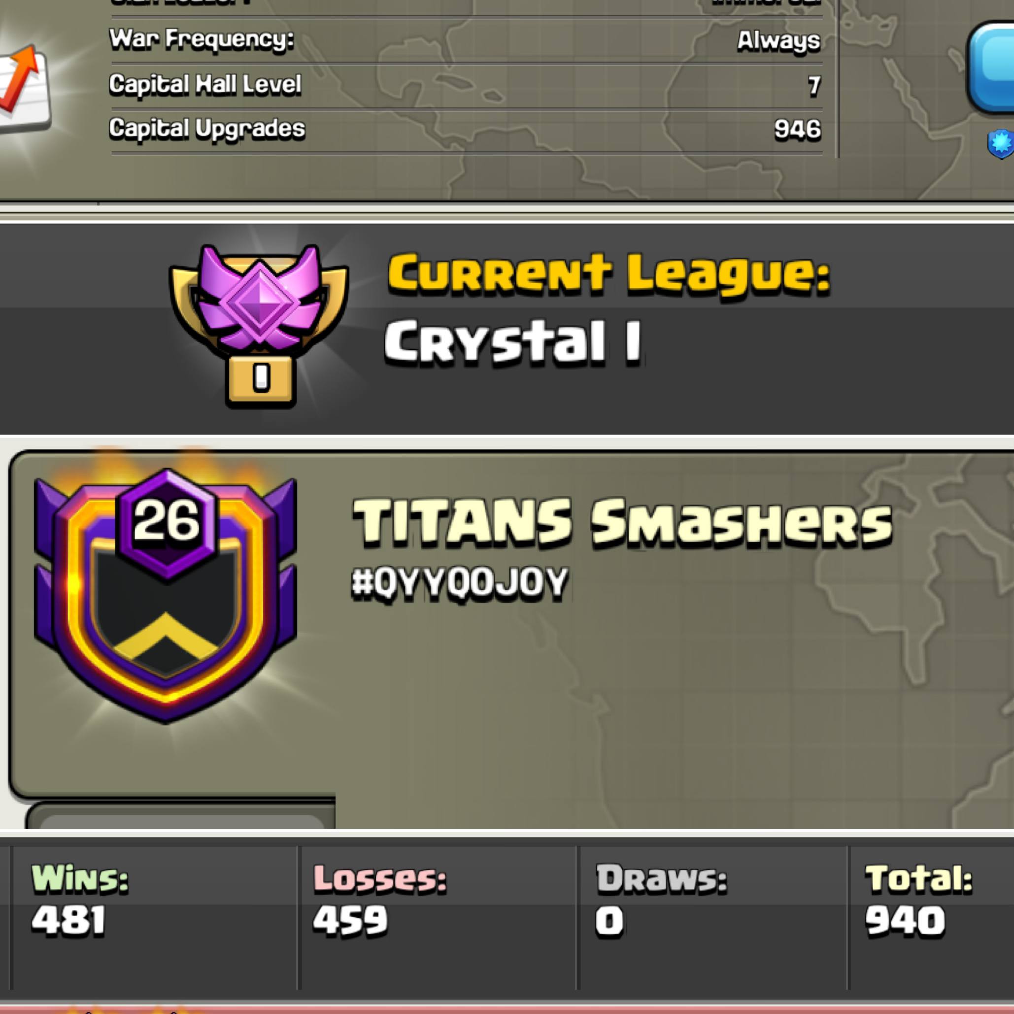 TITANS SMASHERS 🔥 LEVEL: 26 🏯 CAPITAL HALL: 10 ⚔️ WAR WON: 481-459 🏆 CWL: crystal 1 💸 CHEAP INSTANT AVAILABLE