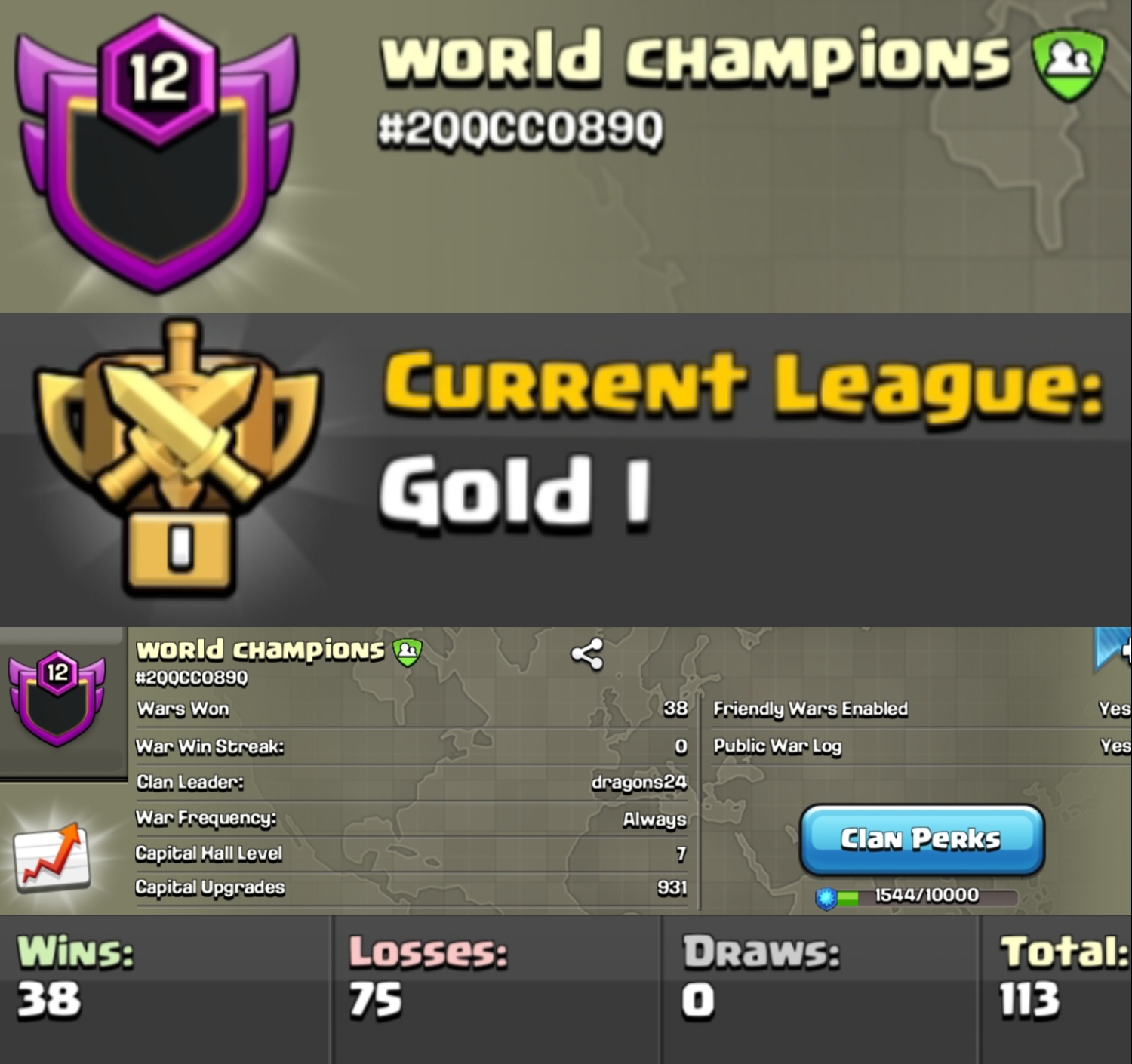 Level 12 clan || clan capital 7 || gold 1 || name - world champions