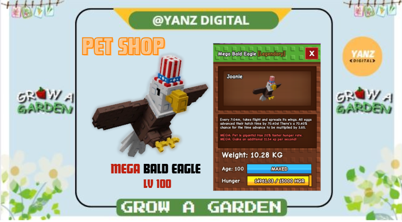 🌟 Mega Bald Eagle Level MAX (Age 100)| Pet Legendary Limited – Grow A Garden
