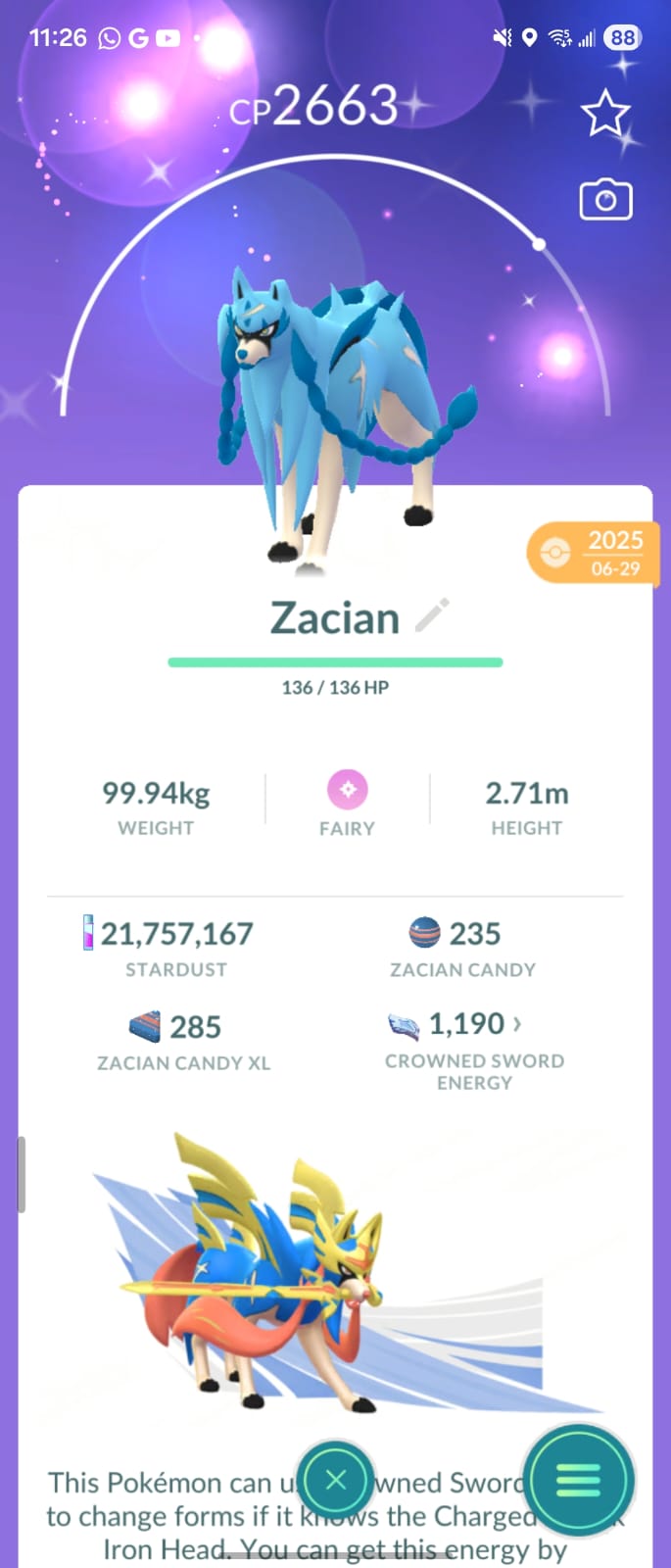 Shiny Zacian + 1 Million Stardust for trade ~  Cp 2000-2500 | Buy 2 Get  1 Regular Zacian Free