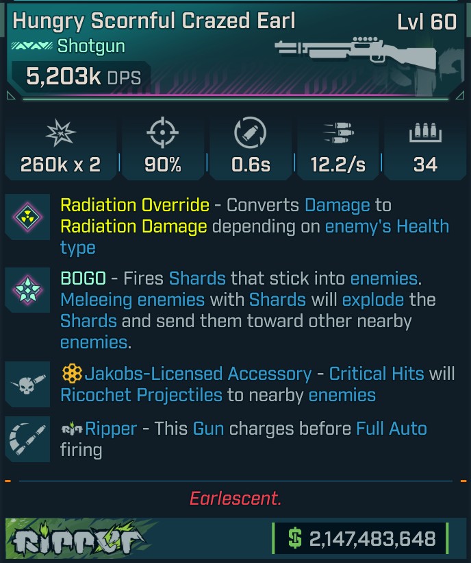 [MODDED] Level 60 Crazed Earl (radiation convert) 5,203k DPS - see image