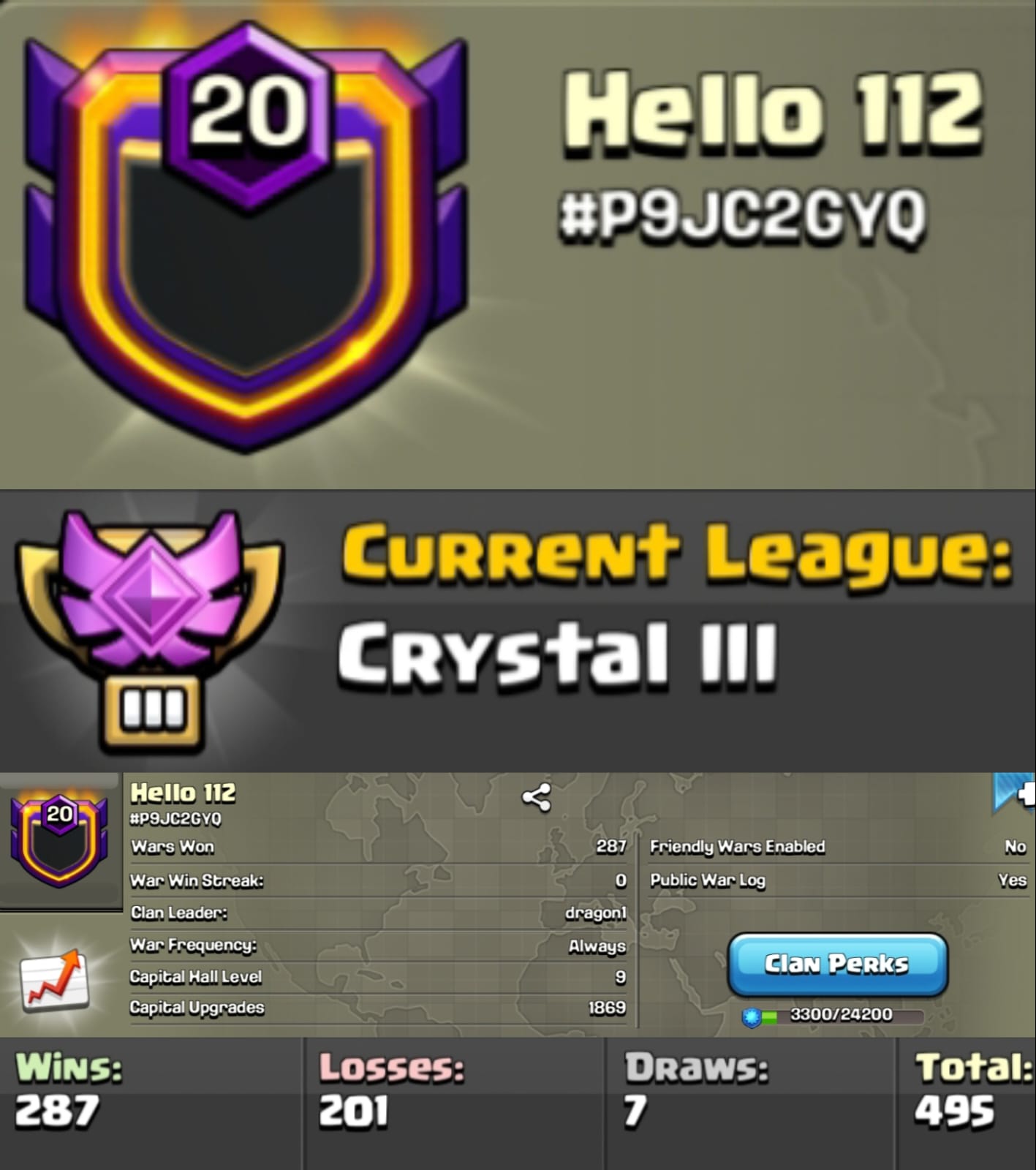Level 20 clan || clan capital 9 || crystal 3 || positive warlog 287-201 || name - Hello 112