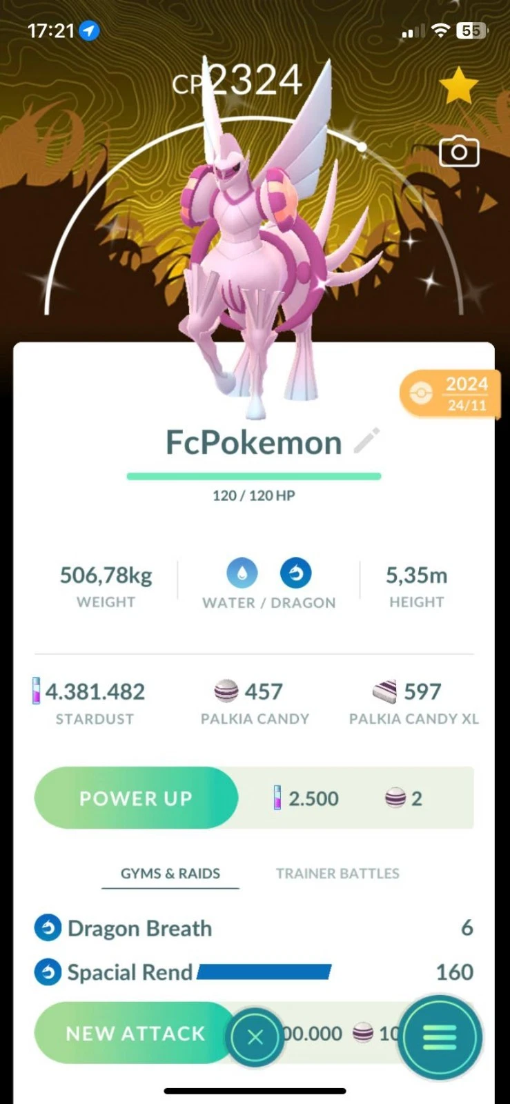 POKEMON GO - Shiny Palkia Origin-Special Background- Spacial Rend move-Trade 1mil or 20k