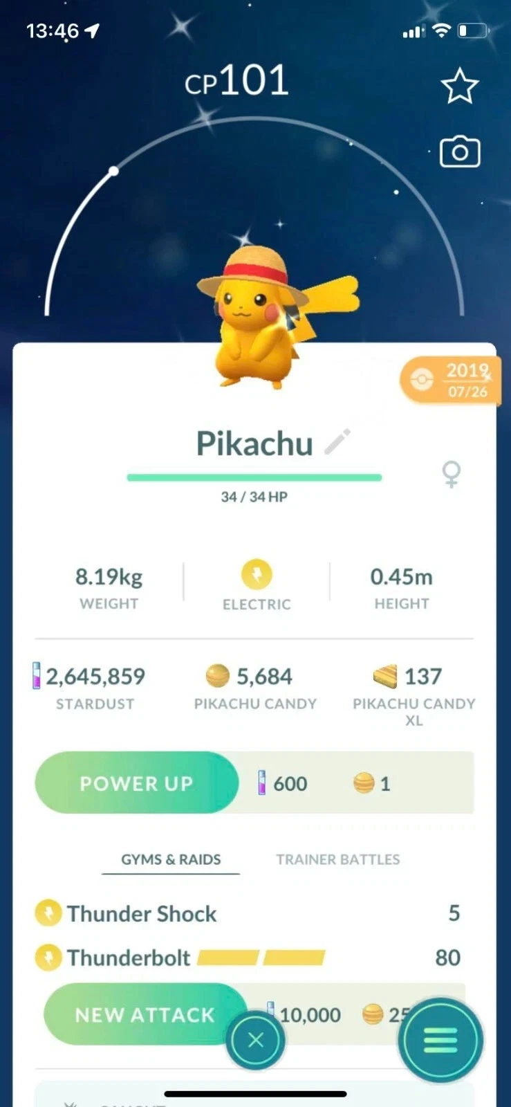 POKEMON GO -Shiny Pikachu Luffy ( Straw Hat ) -Trade 1mil or 20k Stardust