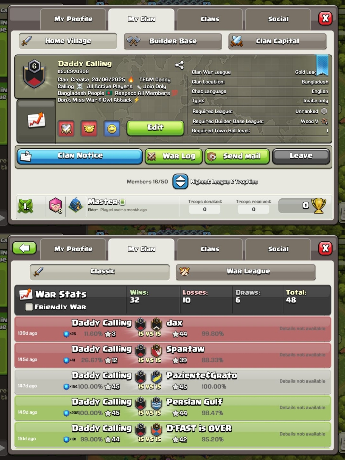 Clan level 6 | best war log 35 win | Name Calling Daddy